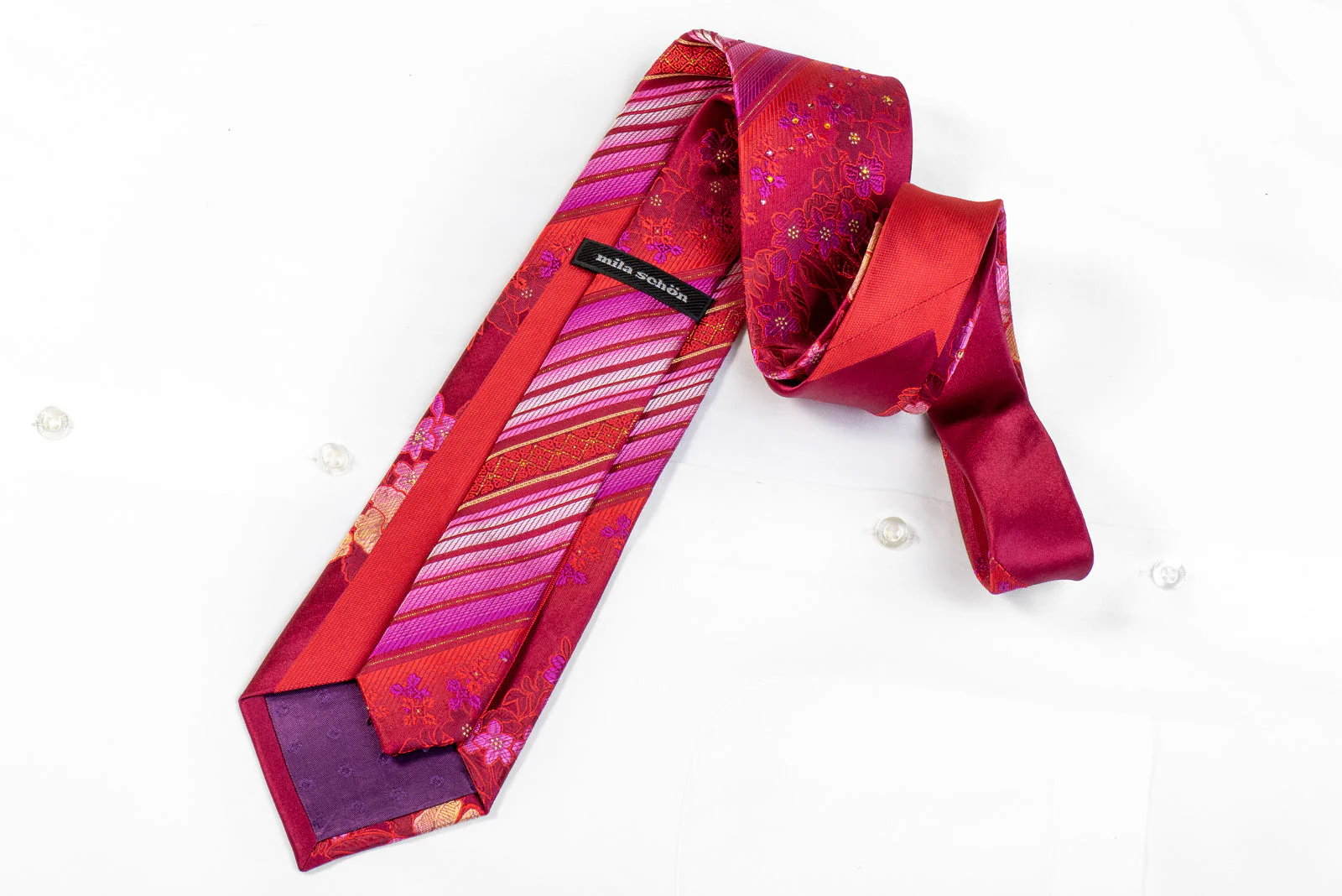 Mila Schon Mens Rhinestone Tie Purple Floral & Stripes On Burgundy - Image 5
