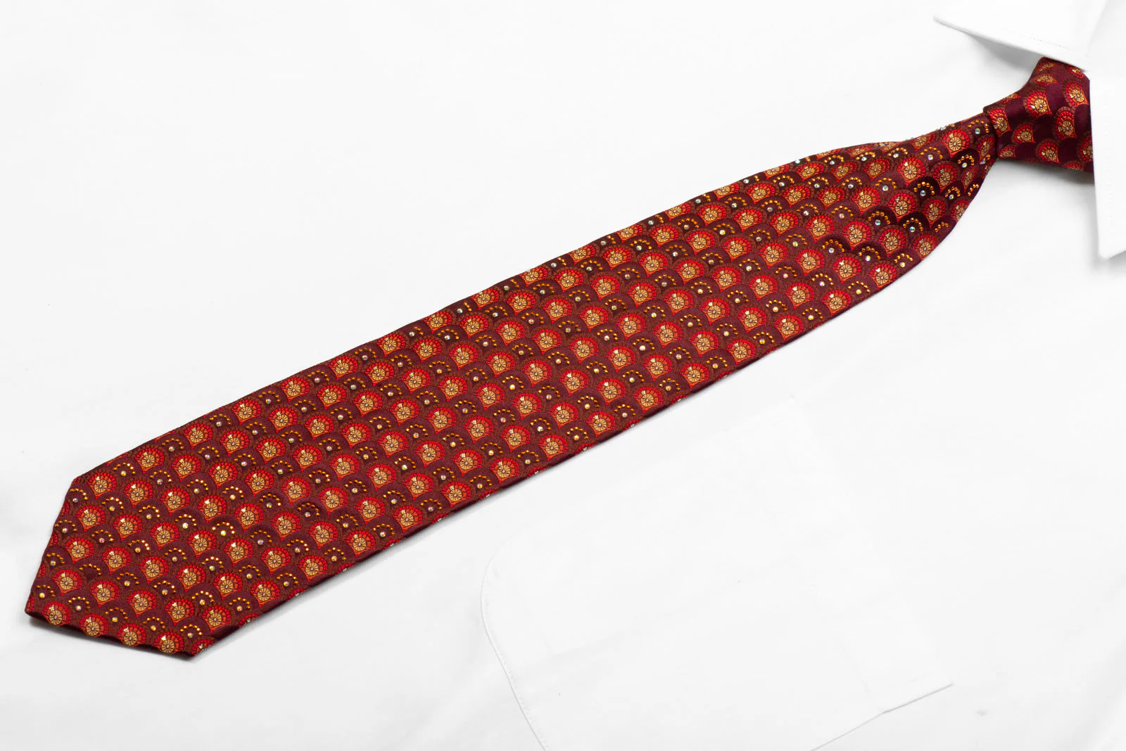 Silk Necktie Orange Geometric On Brown With Orange Studs - Image 4