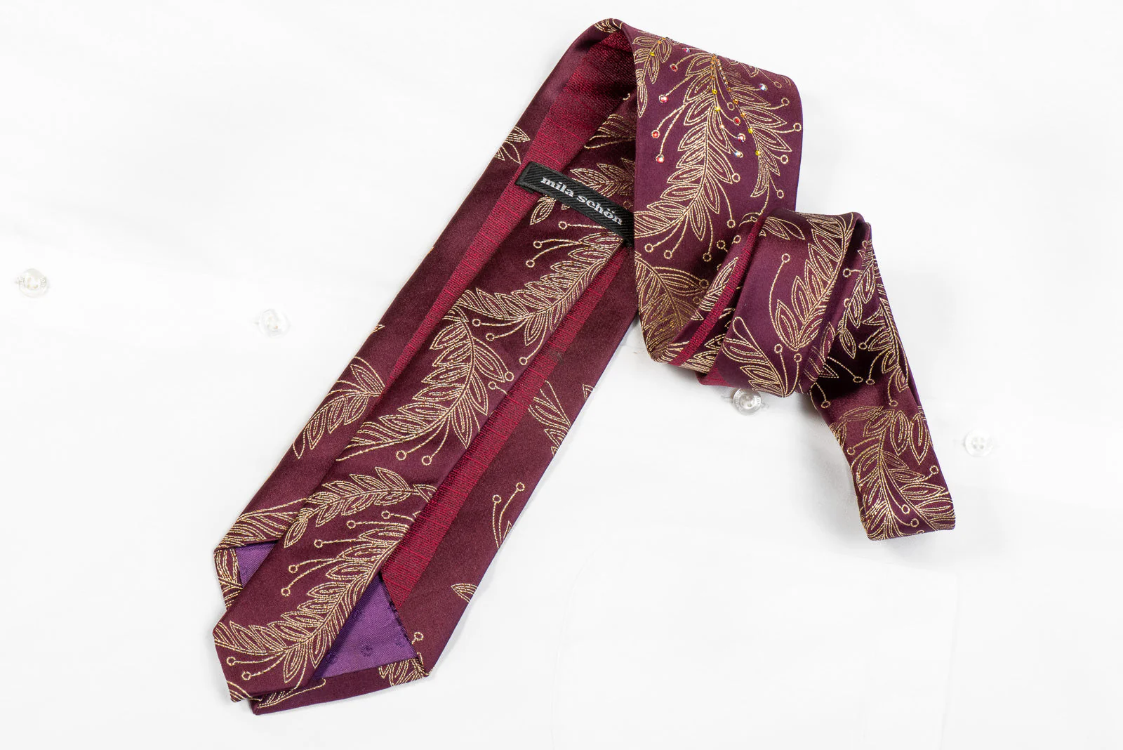 Mens Silk Rhinestone Necktie Golden Leaves On Burgundy - Image 4