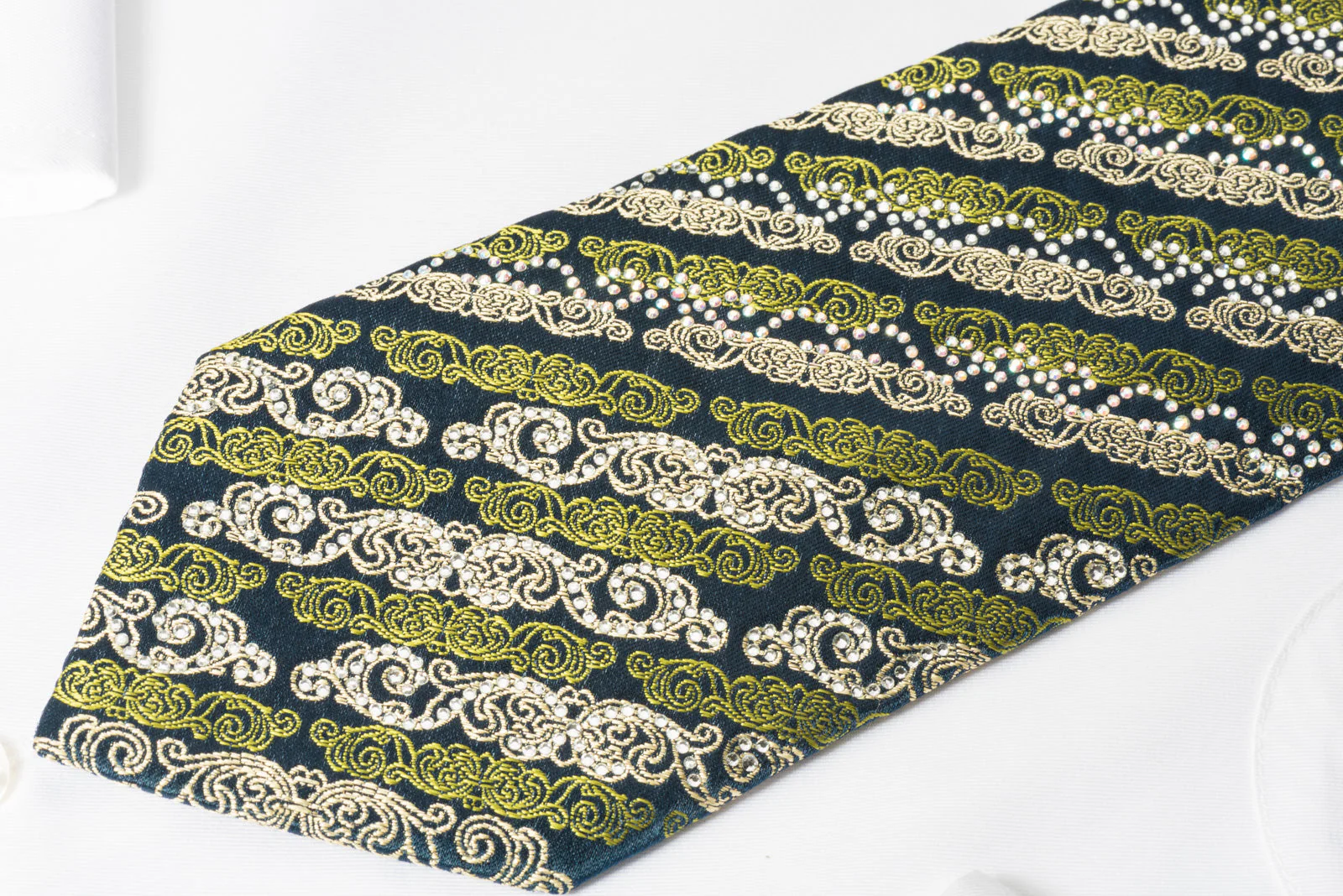 Mila Schon Mens Silk Rhinestone Necktie Green Gold Scrolls On Black With Silver Sparkles - Image 3