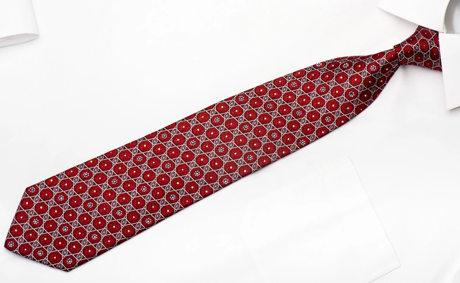 Mila Schon Mens Silk Rhinestone Tie Silver Trellis On Burgundy With Silver Sparkles - Image 3