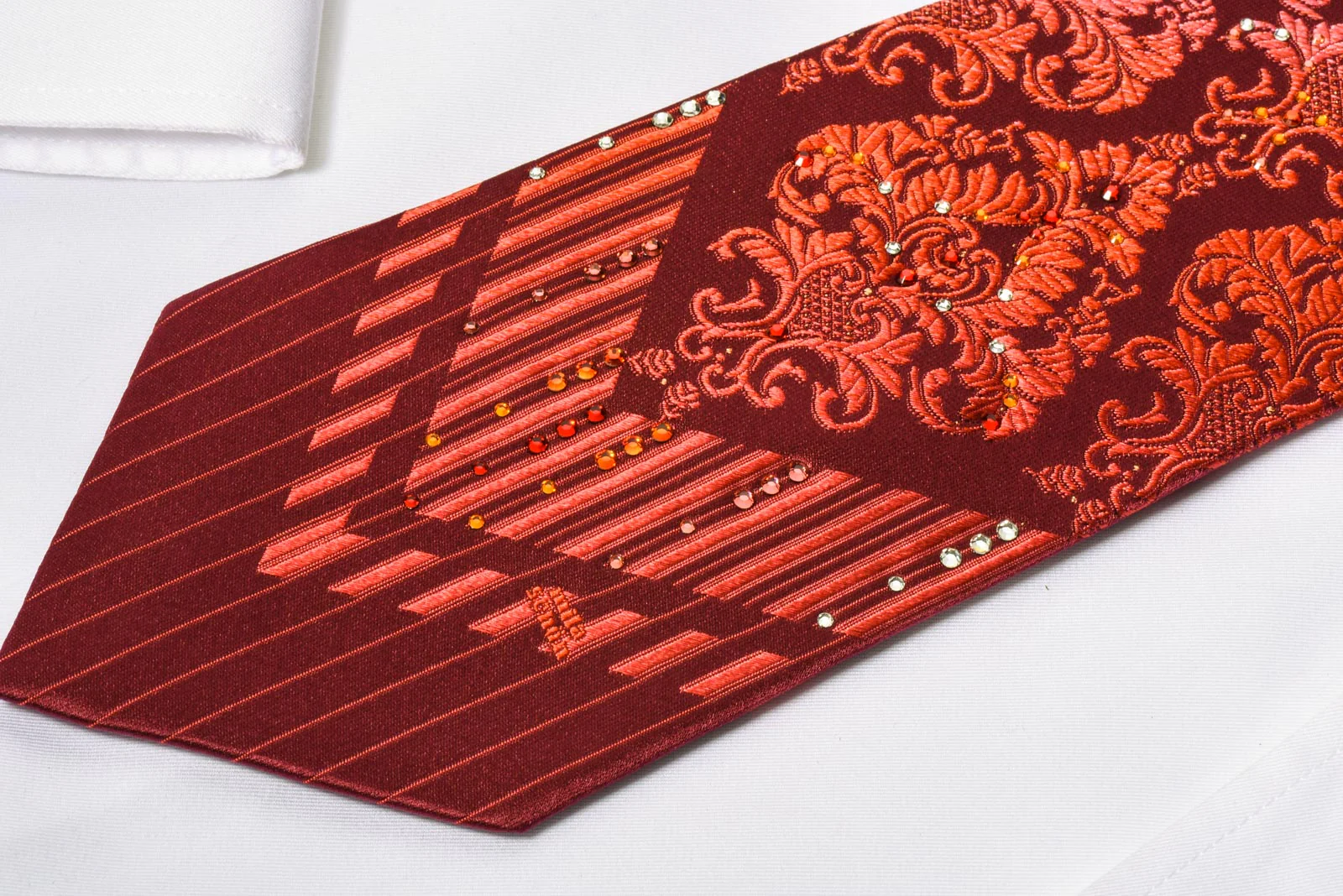 Mila Schon Rhinestone Necktie Damask On Red With Silver Sparkles - Image 3