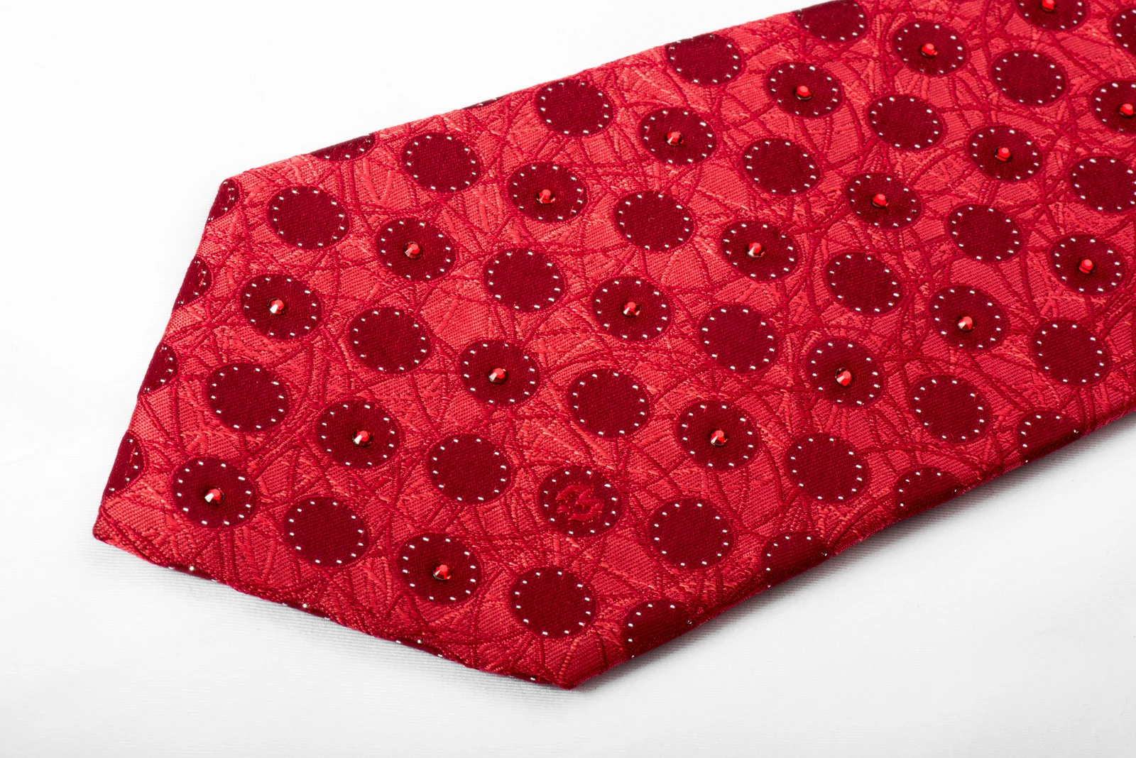 Mila Schon Rhinestone Necktie Geometric Circles On Red With Silver Sparkles - Image 2