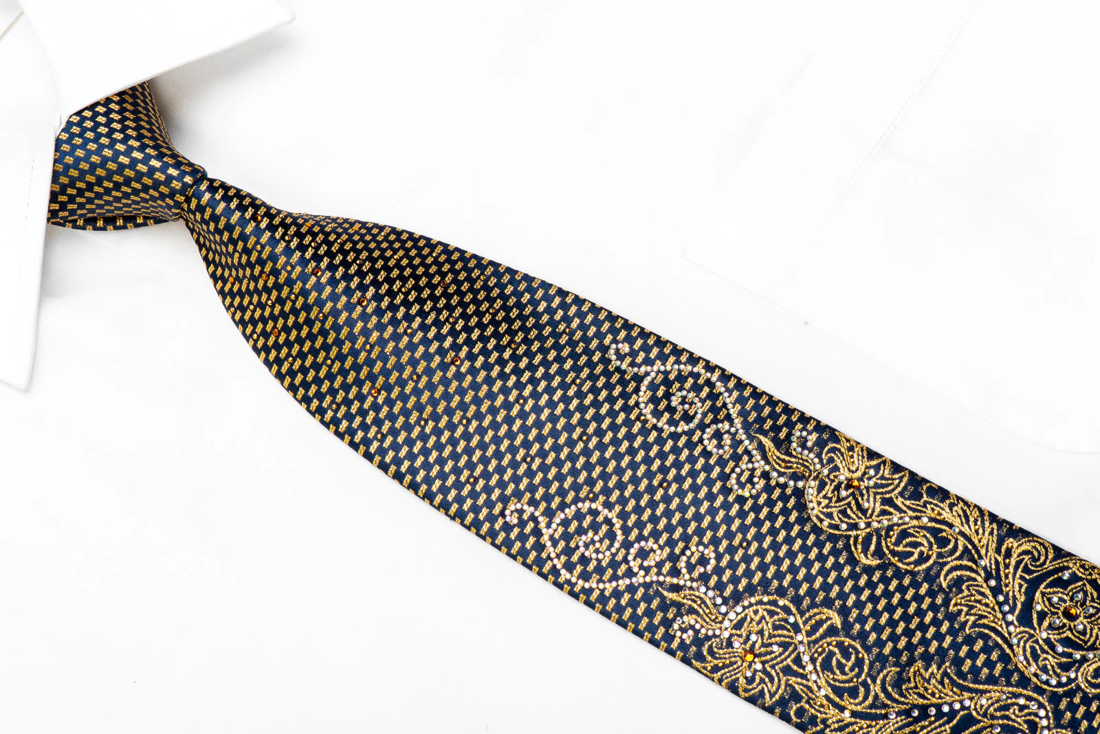 Mila Schon Rhinestone Necktie Gold Acanthus Scrolls On Navy With Sparkles - Image 2
