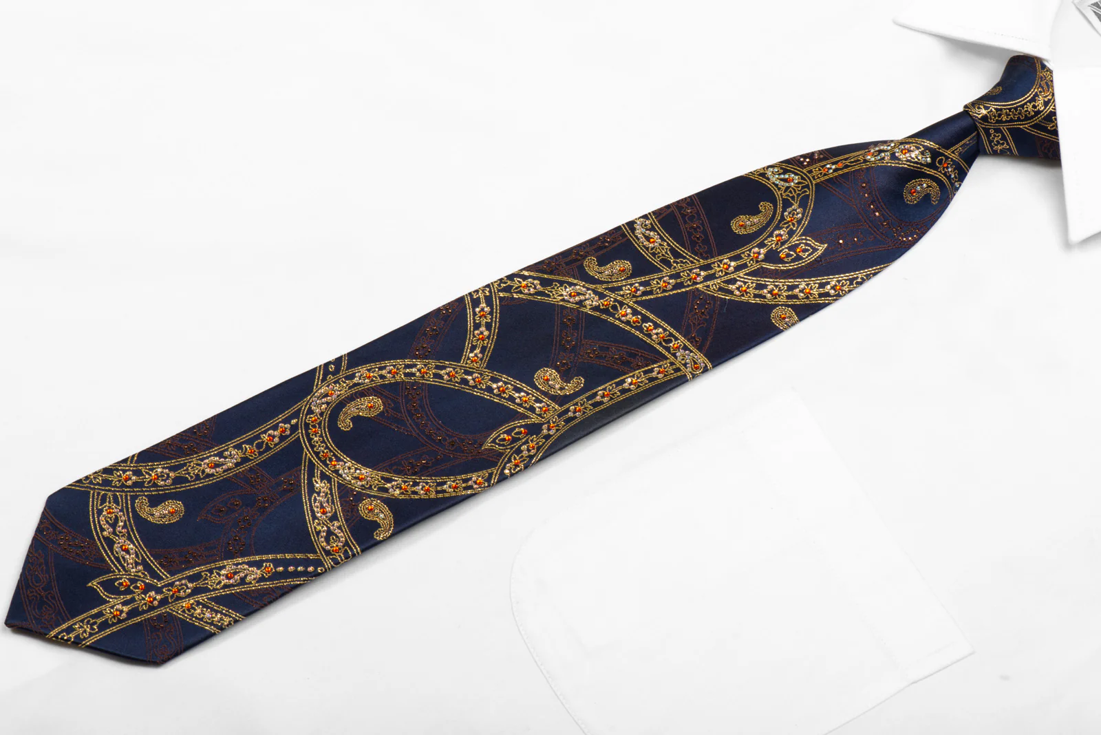 Mila Schon Rhinestone Necktie Gold Scroll Paisley On Navy With Sparkles - Image 3