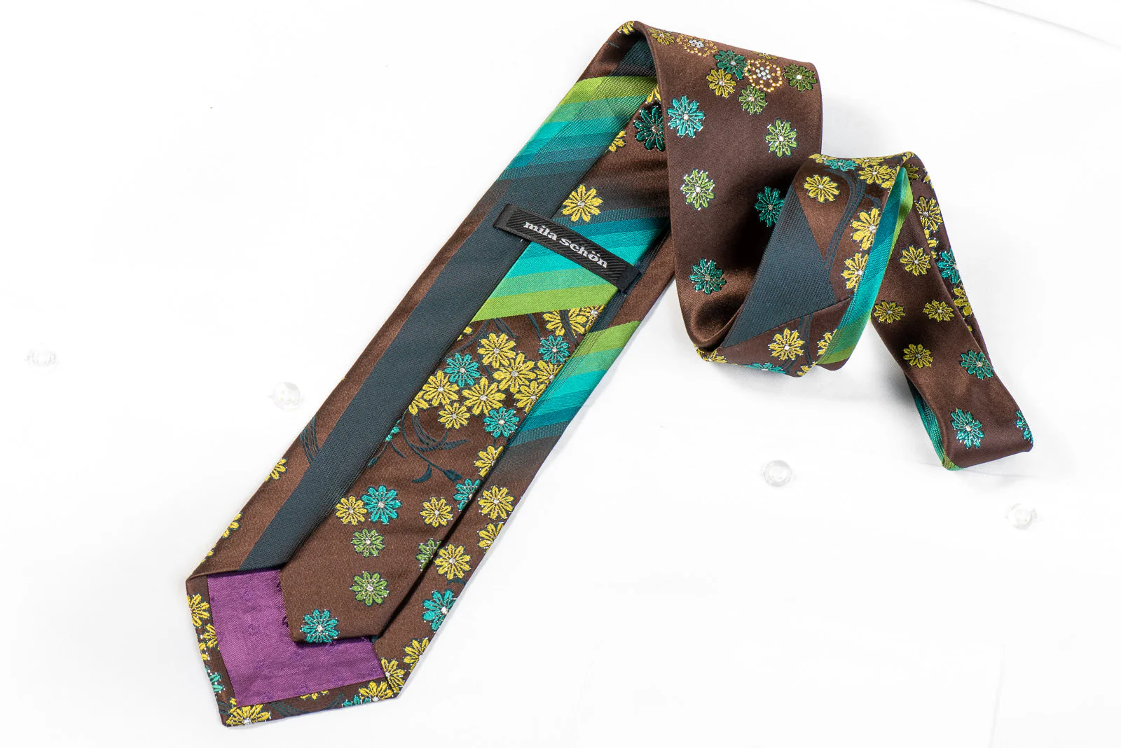 Mila Schon Rhinestone Necktie Green Turquoise Floral On Brown - Image 5