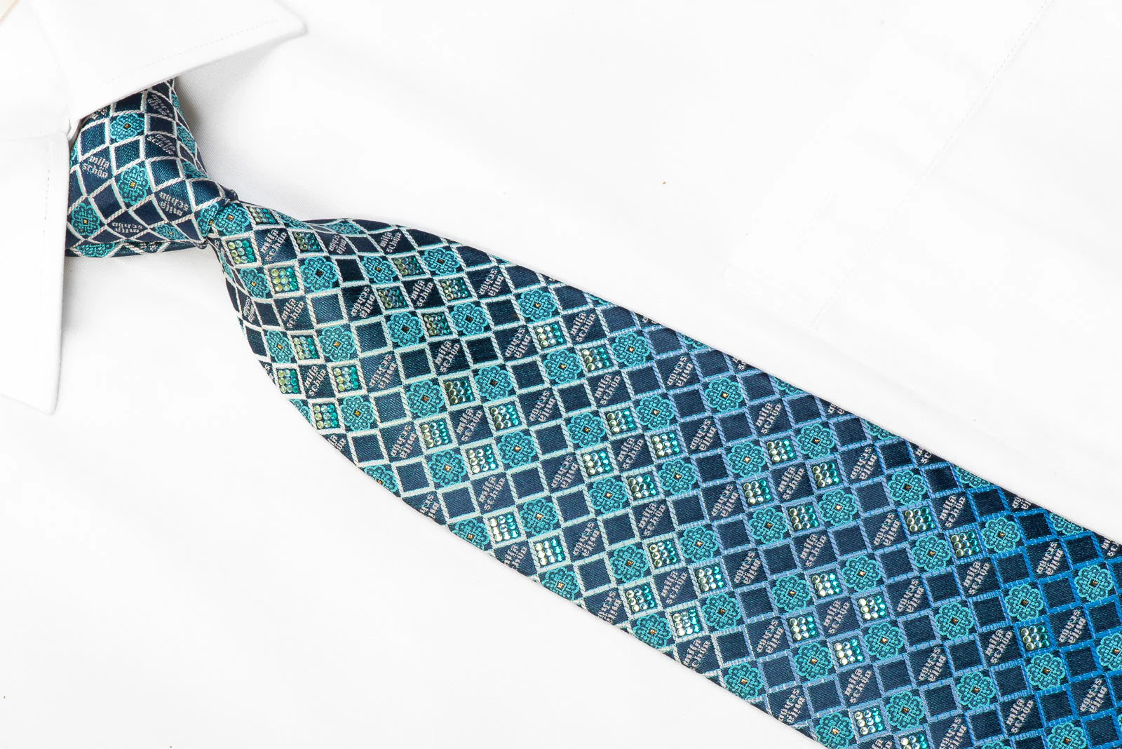 Mila Schon Rhinestone Necktie Teal Checkered On Navy With Gold Sparkles - Image 2