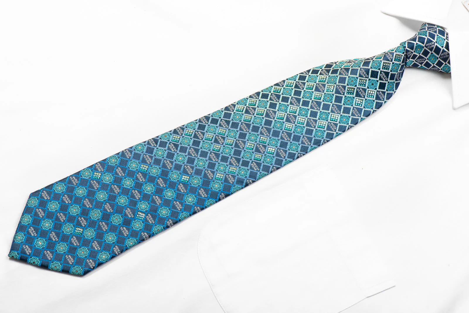 Mila Schon Rhinestone Necktie Teal Checkered On Navy With Gold Sparkles - Image 3
