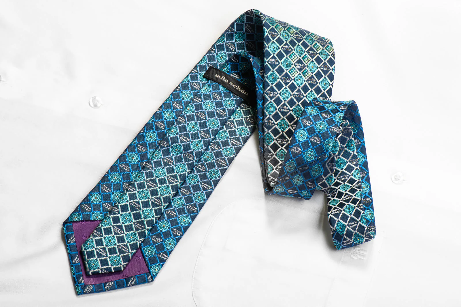 Mila Schon Rhinestone Necktie Teal Checkered On Navy With Gold Sparkles - Image 4