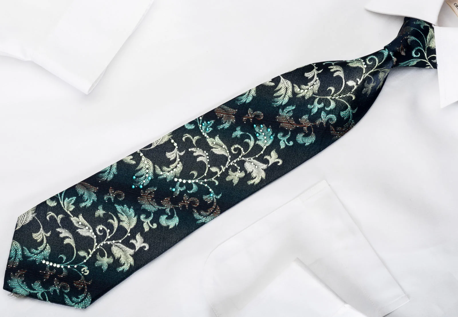 Mila Schon Rhinestone Necktie Teal Yellow Vines On Navy With Silver Sparkles - Image 4