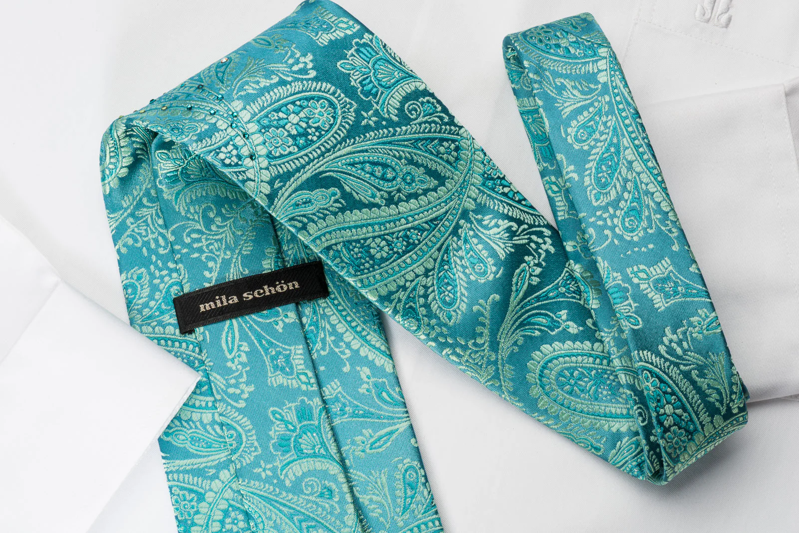 Mila Schon Rhinestone Necktie Turquoise Paisley With Silver Sparkles - Image 2