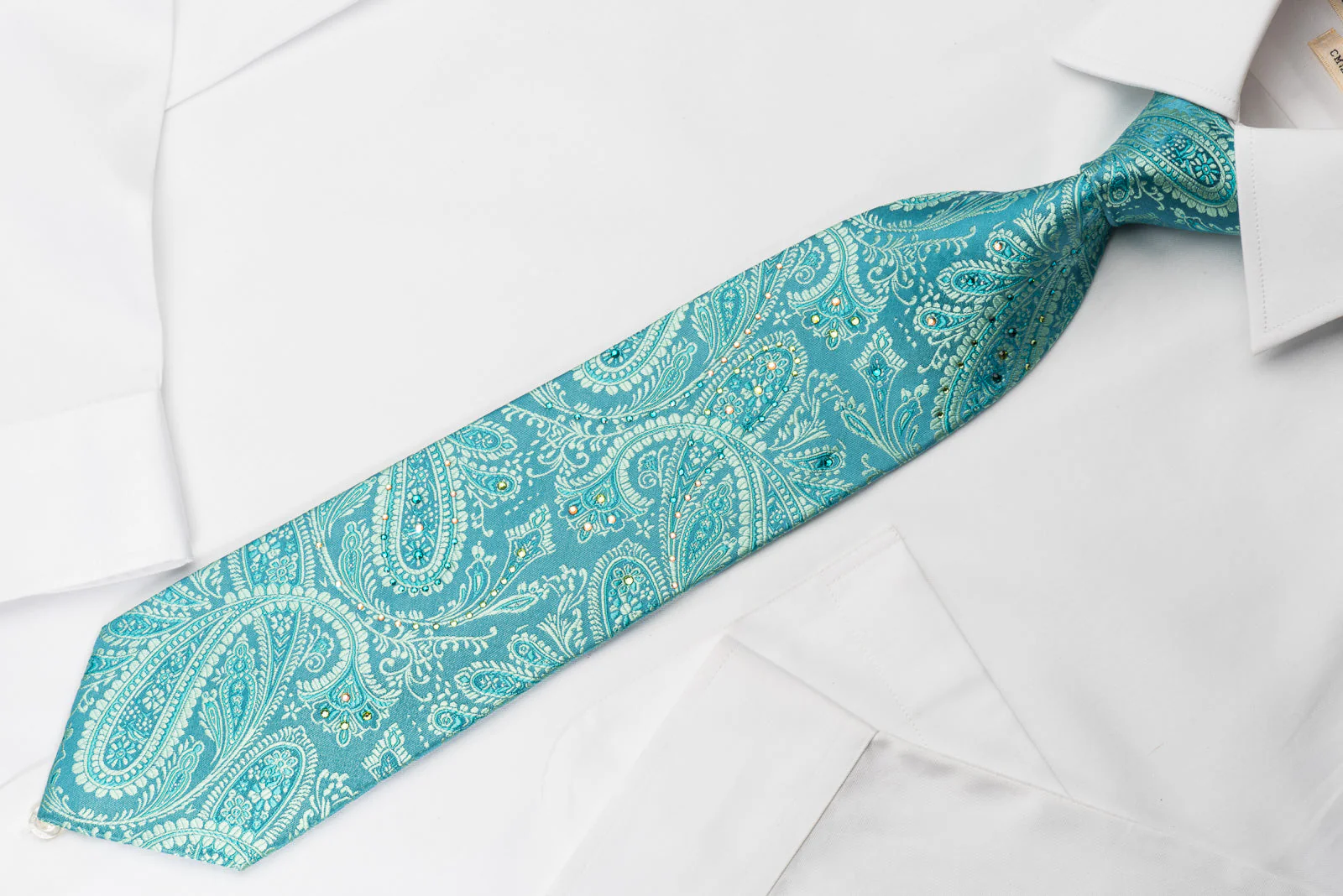 Mila Schon Rhinestone Necktie Turquoise Paisley With Silver Sparkles - Image 3