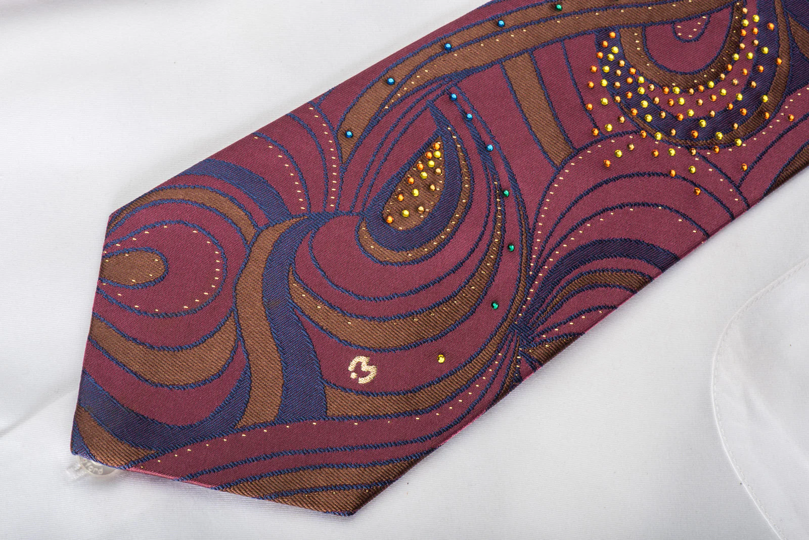 Mila Schon Rhinestone Silk Necktie Abstract Paisley On Purple With Golden Sparkles - Image 4