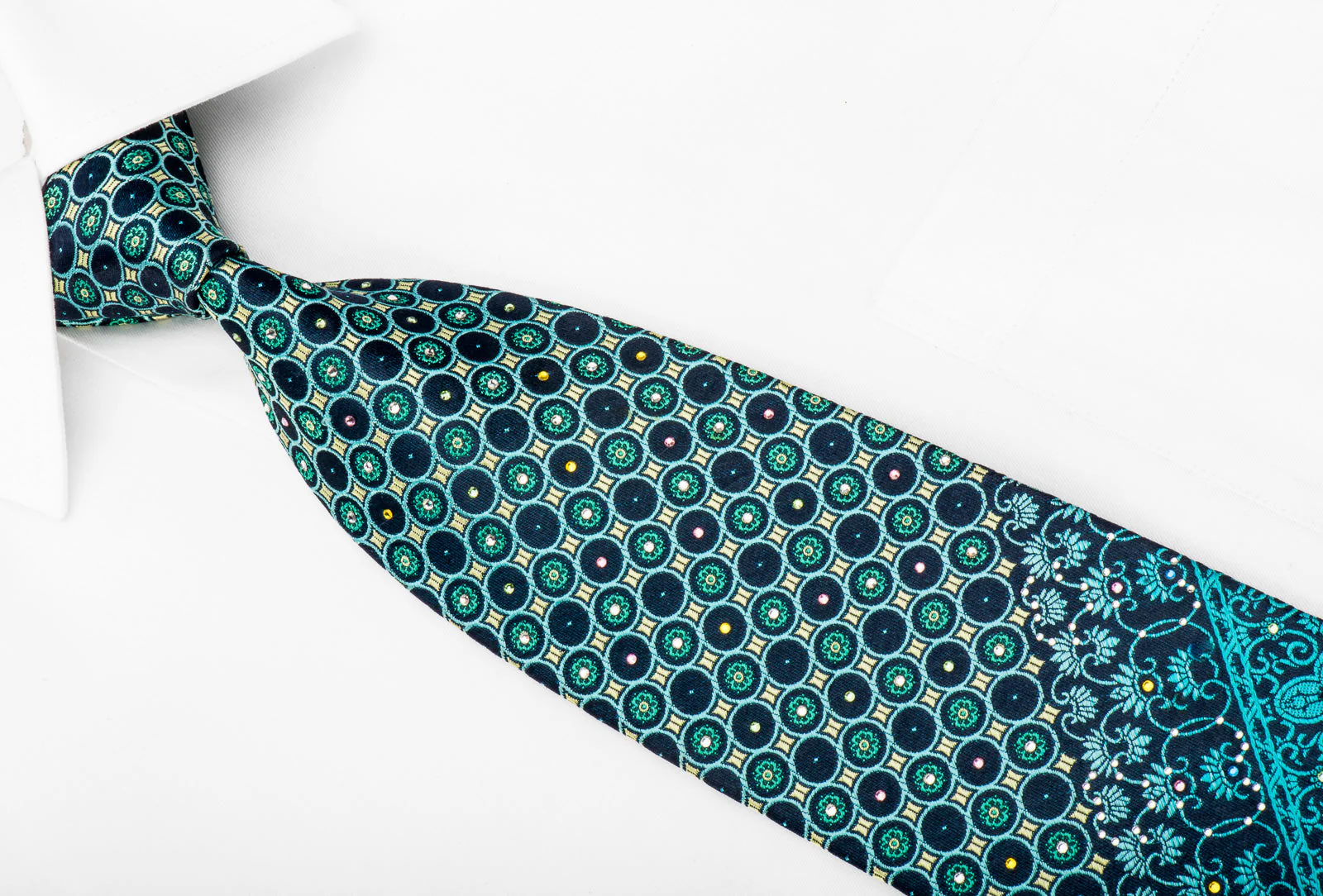 Mila Schon Rhinestone Silk Necktie Anthemion On Turquoise With Sparkles - Image 2