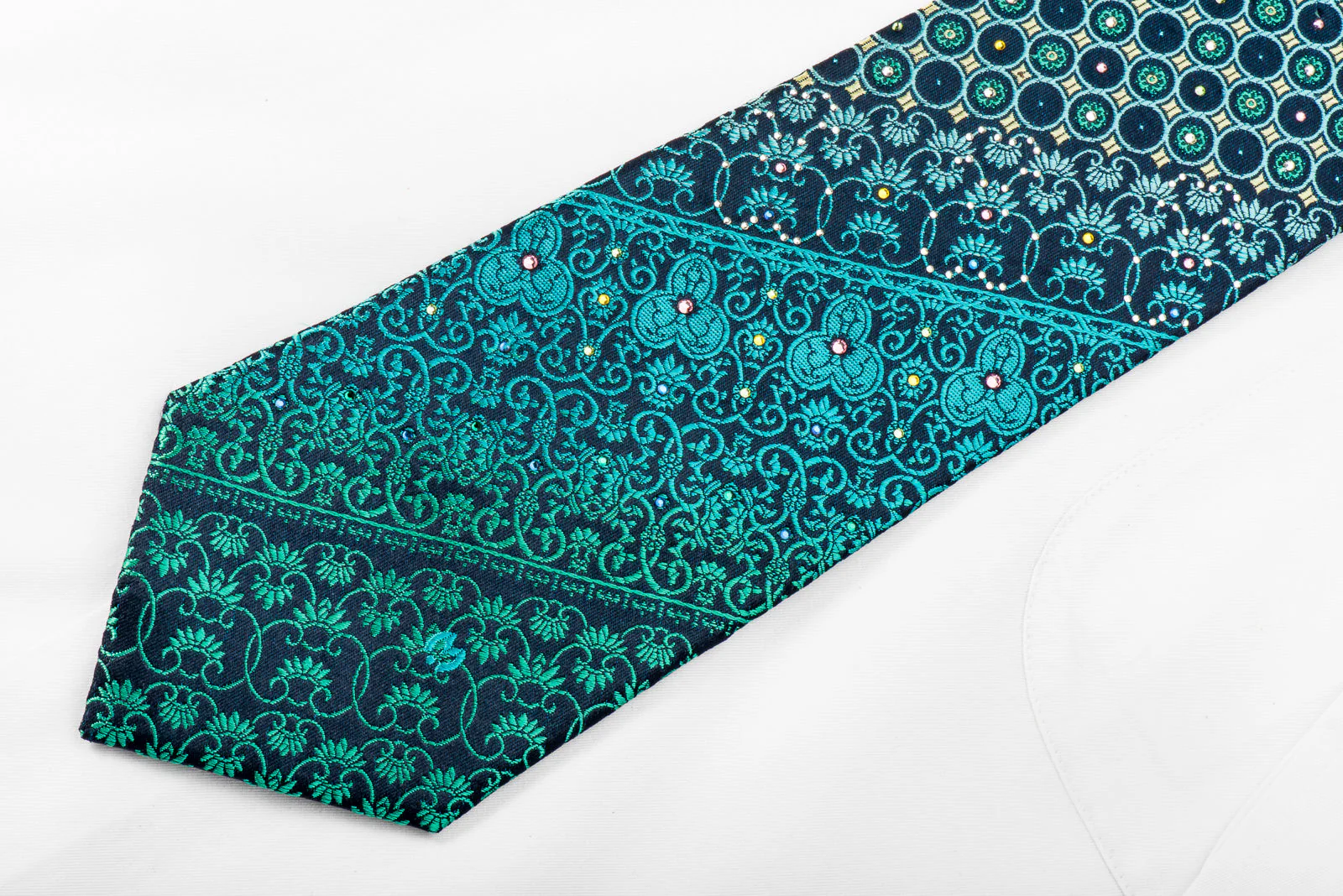 Mila Schon Rhinestone Silk Necktie Anthemion On Turquoise With Sparkles - Image 3