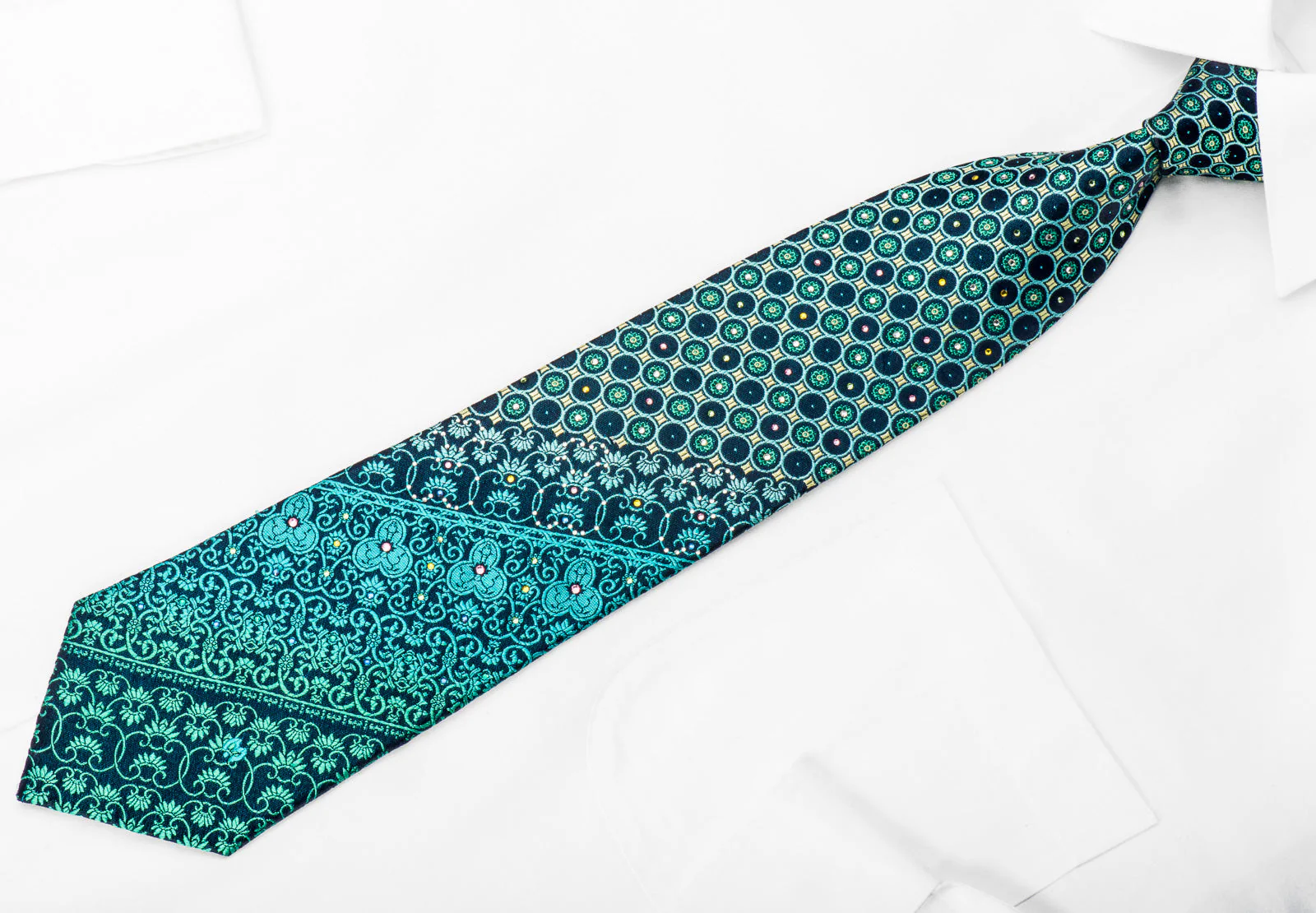 Mila Schon Rhinestone Silk Necktie Anthemion On Turquoise With Sparkles - Image 4