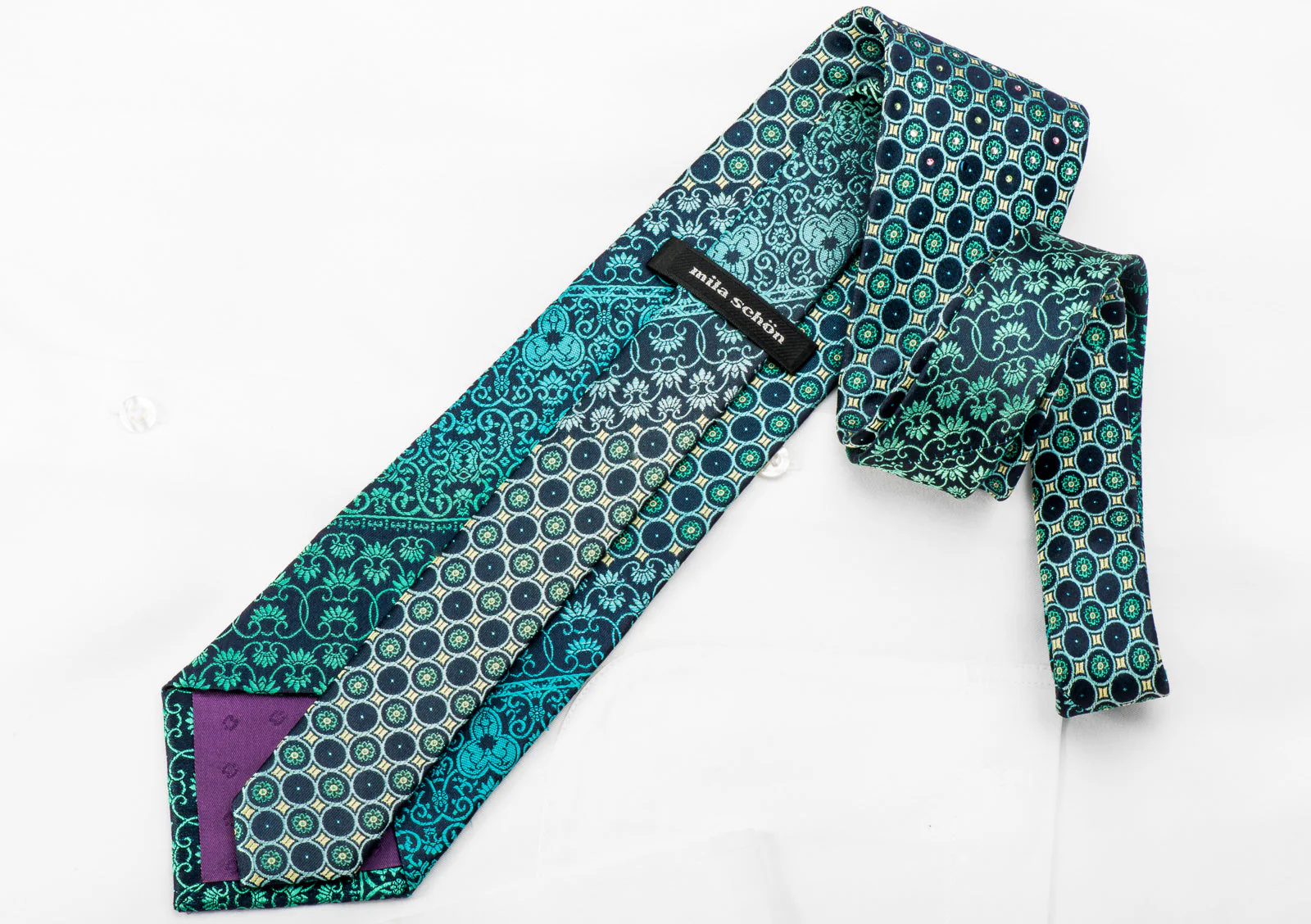 Mila Schon Rhinestone Silk Necktie Anthemion On Turquoise With Sparkles - Image 5