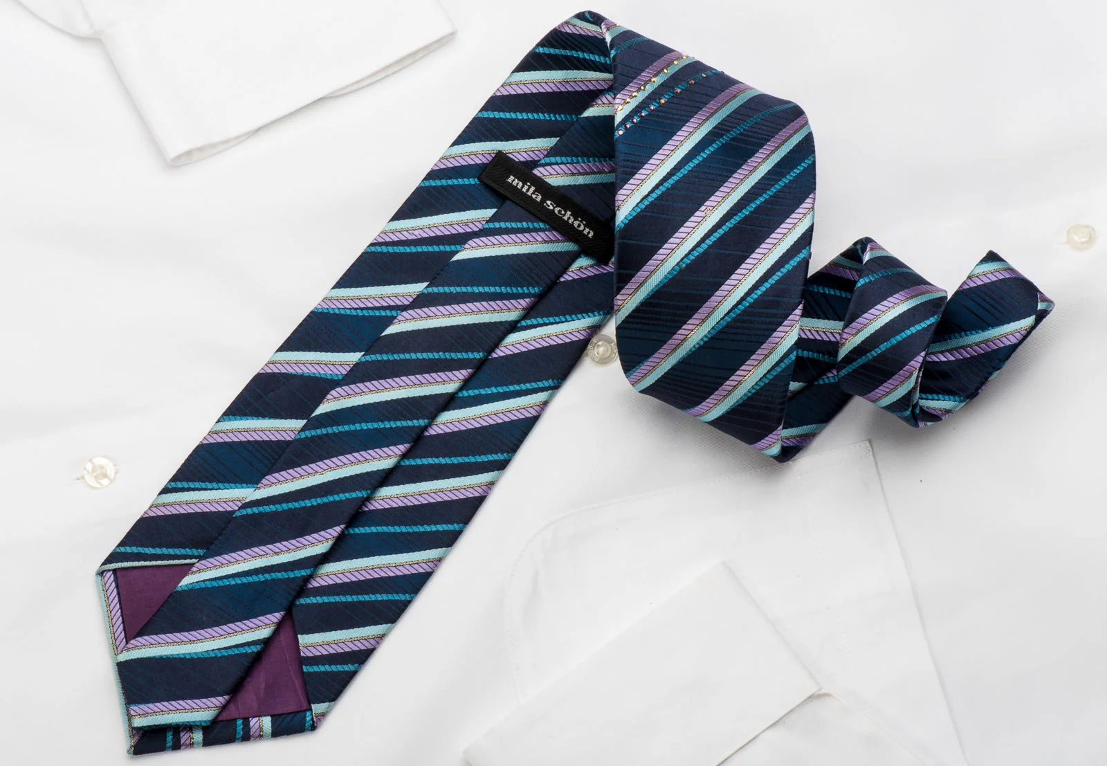 Mila Schon Rhinestone Silk Necktie Classic Striped On Blue With Silver Sparkles - Image 4