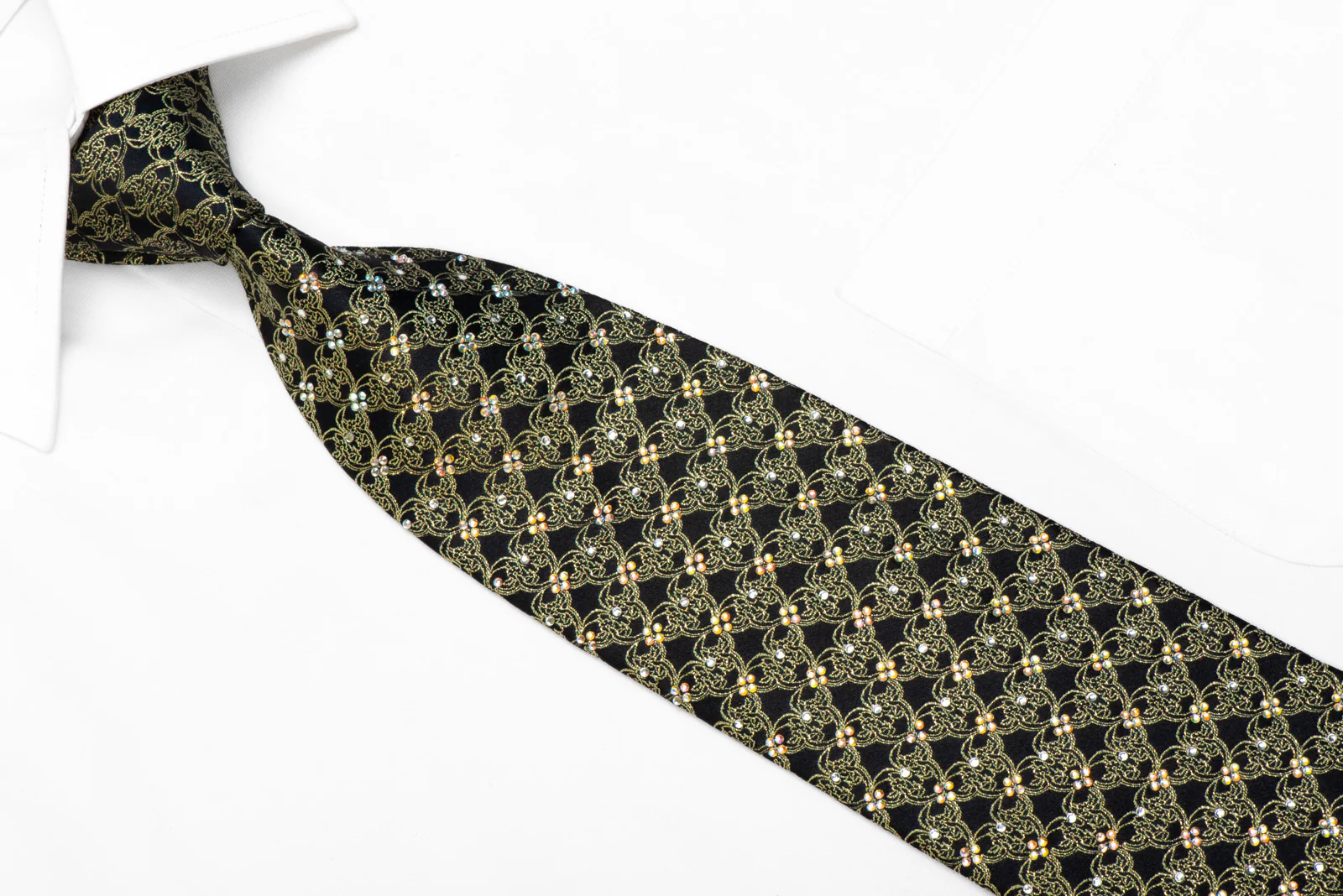Mila Schon Rhinestone Silk Necktie Gold Cartouche On Black With Gold Sparkles - Image 2