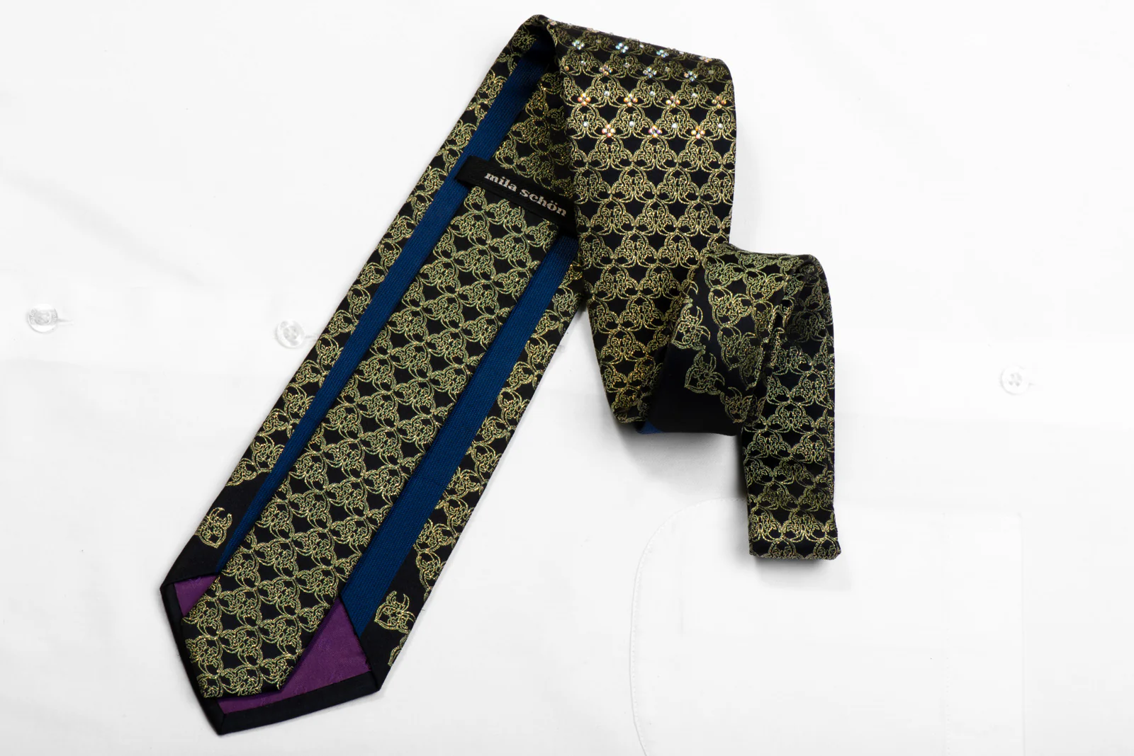 Mila Schon Rhinestone Silk Necktie Gold Cartouche On Black With Gold Sparkles - Image 4