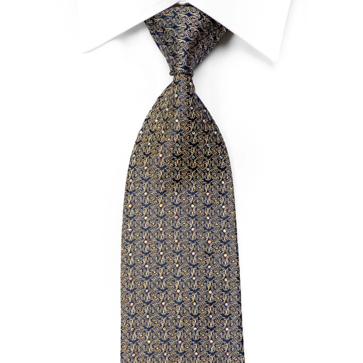 Rhinestone Silk Necktie Gold Filigree On Navy With Gold Studs