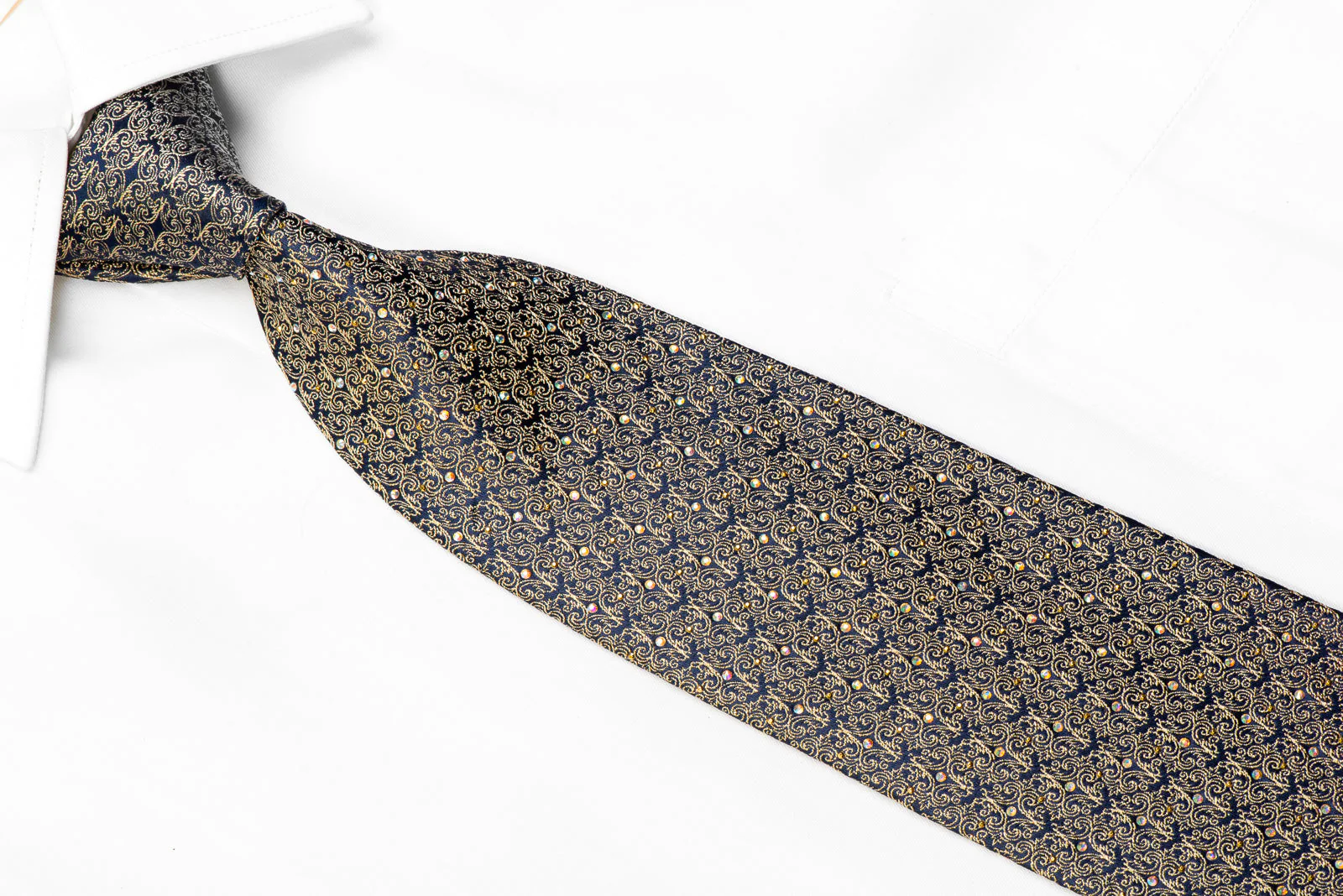 Rhinestone Silk Necktie Gold Filigree On Navy With Gold Studs - Image 2