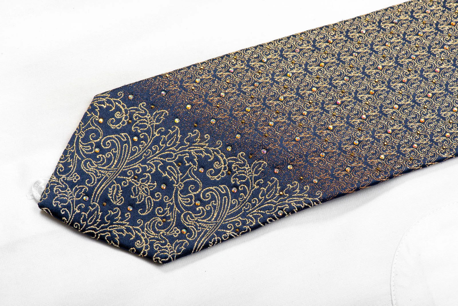 Rhinestone Silk Necktie Gold Filigree On Navy With Gold Studs - Image 3