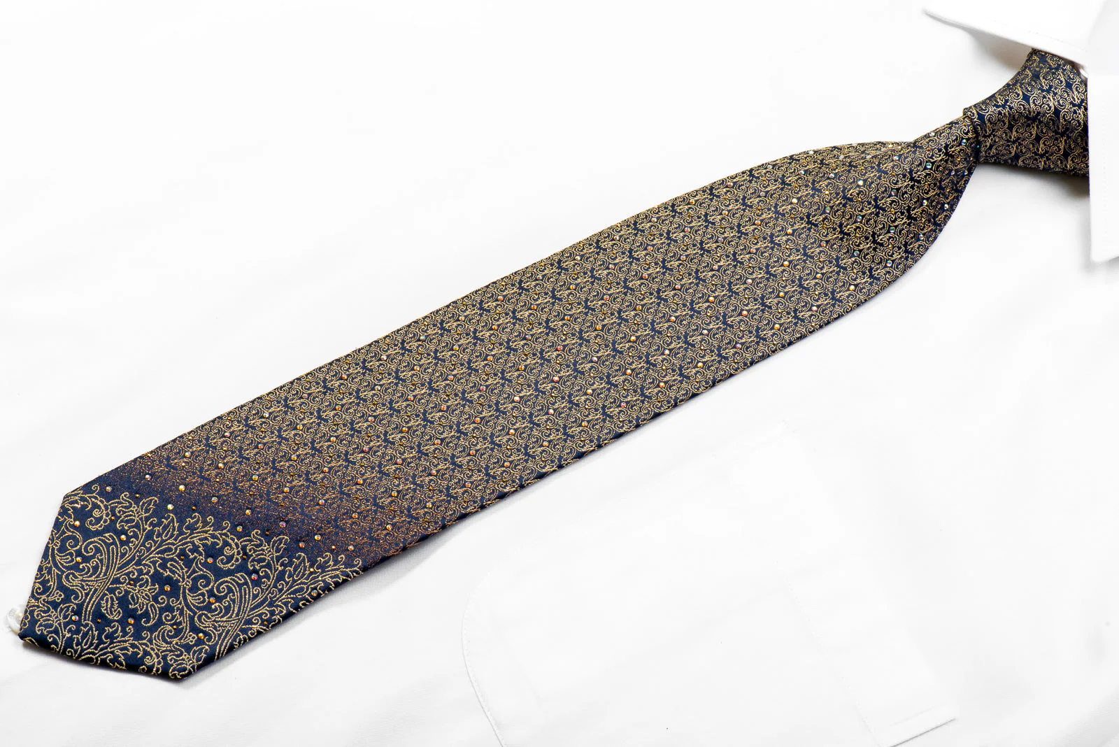 Rhinestone Silk Necktie Gold Filigree On Navy With Gold Studs - Image 4