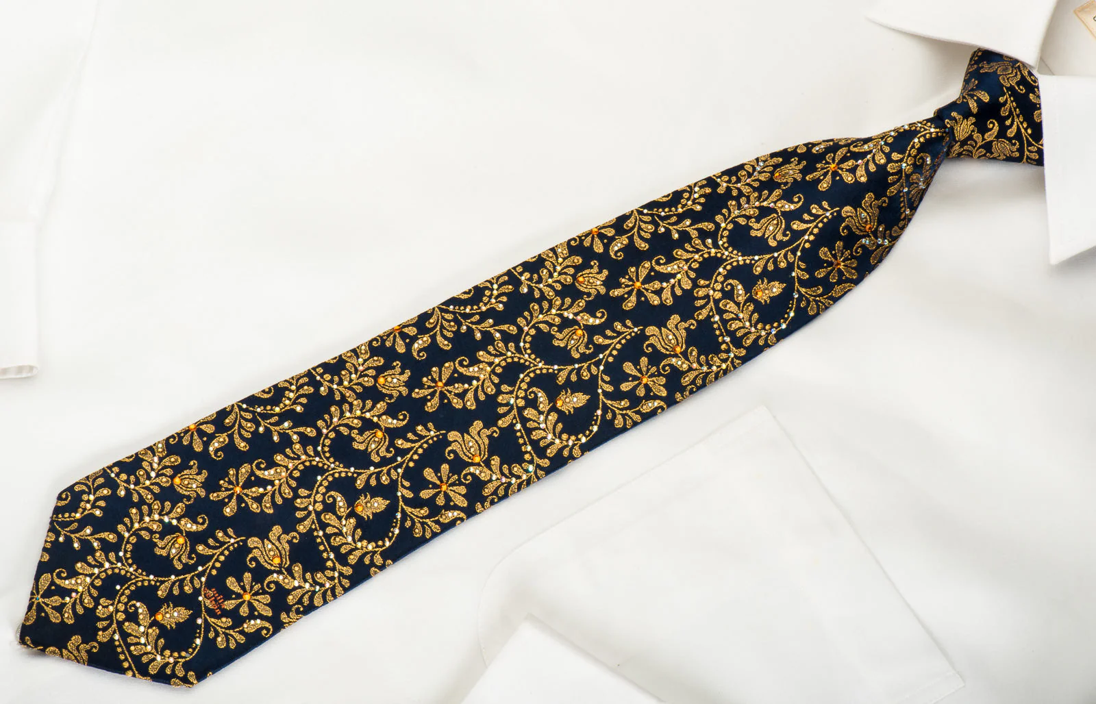 Rhinestone Silk Necktie Golden Floral Scrolls On Navy With Golden Sparkles - Image 4
