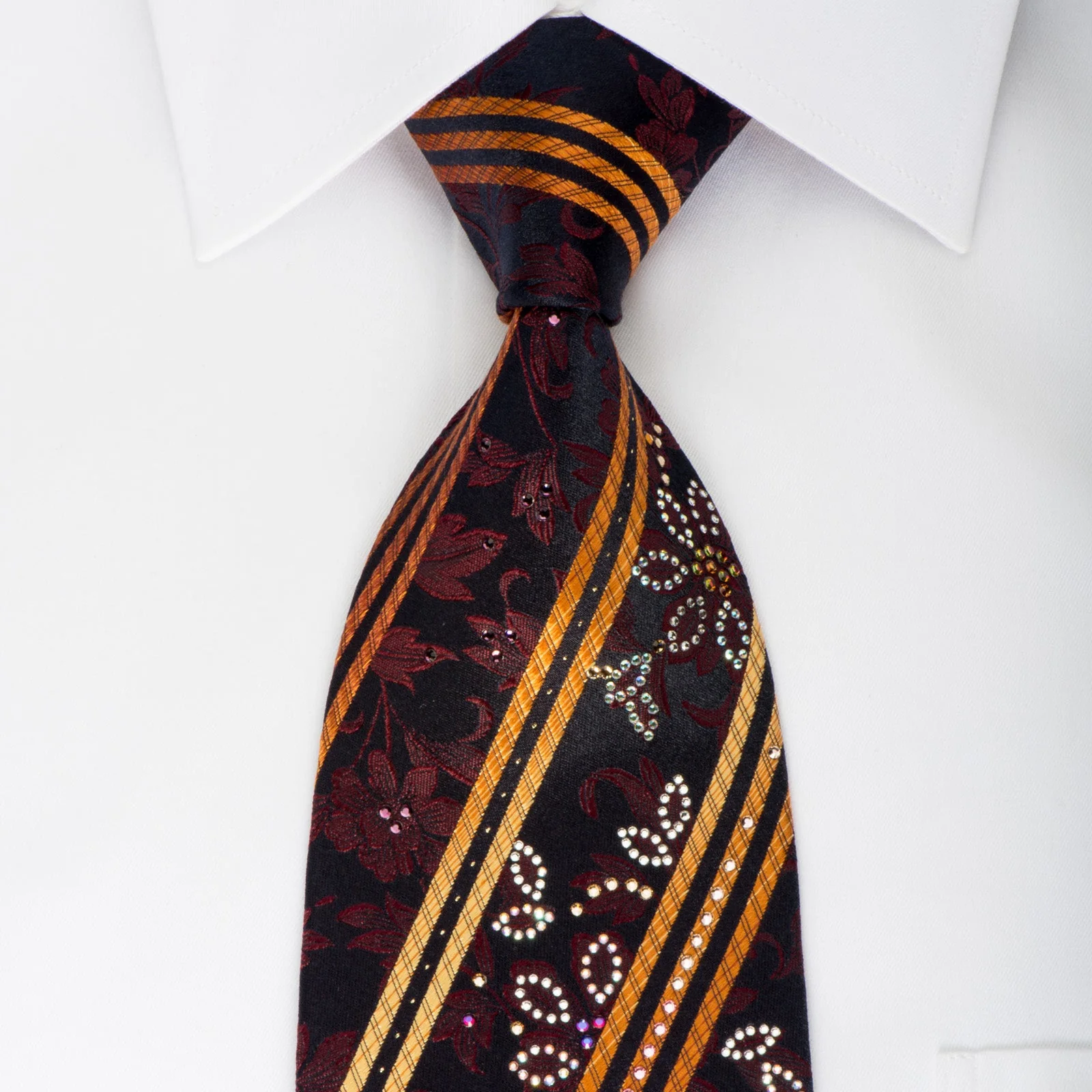 Mila Schon Rhinestone Silk Necktie Orange Stripes On Black With Silver Sparkles