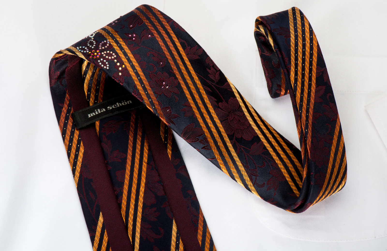 Mila Schon Rhinestone Silk Necktie Orange Stripes On Black With Silver Sparkles - Image 2