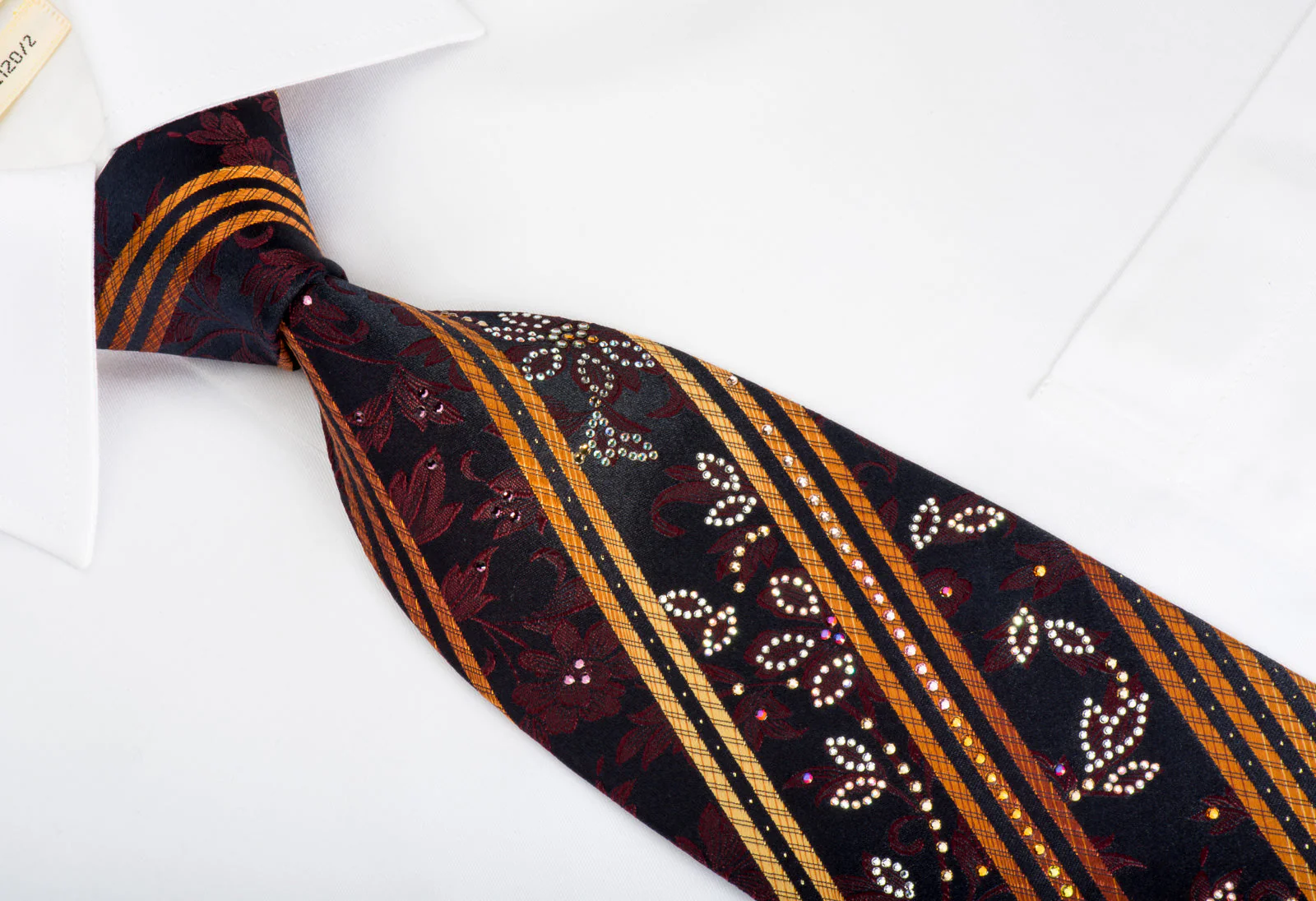 Mila Schon Rhinestone Silk Necktie Orange Stripes On Black With Silver Sparkles - Image 3