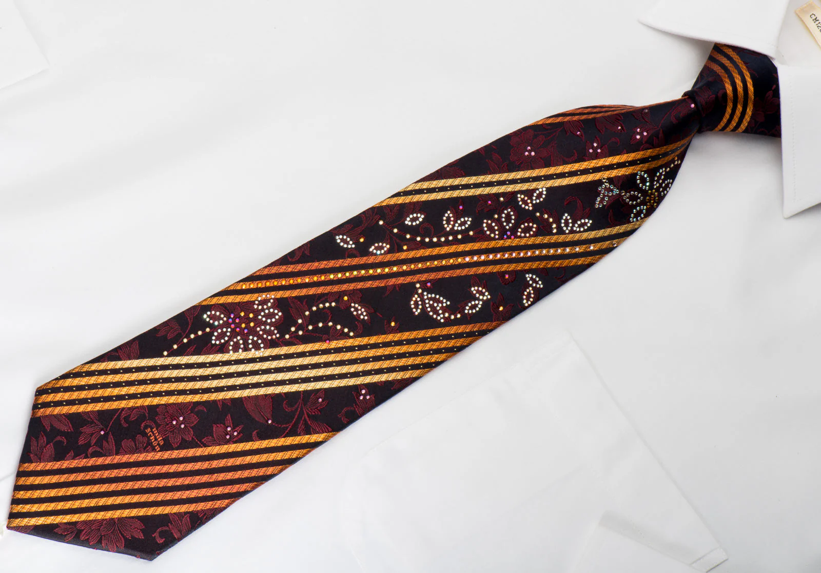 Mila Schon Rhinestone Silk Necktie Orange Stripes On Black With Silver Sparkles - Image 4