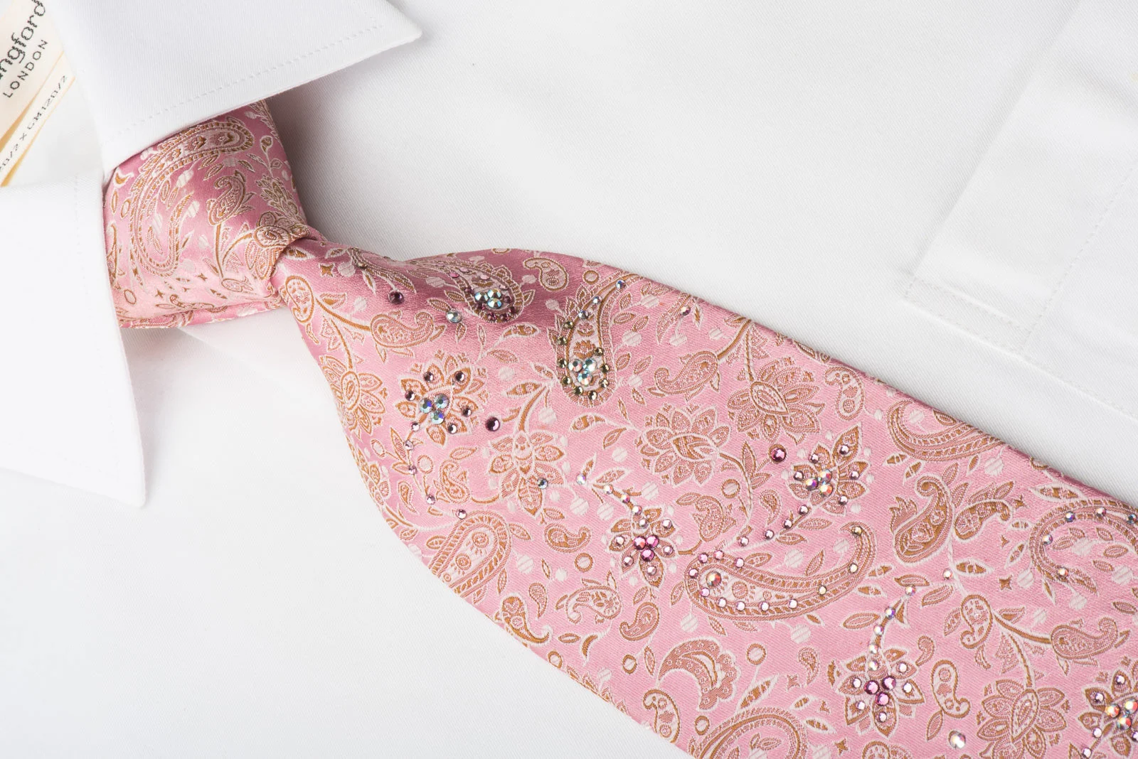 Mila Schon Rhinestone Silk Necktie Paisley Anthemion On Pink With Silver Sparkles - Image 3