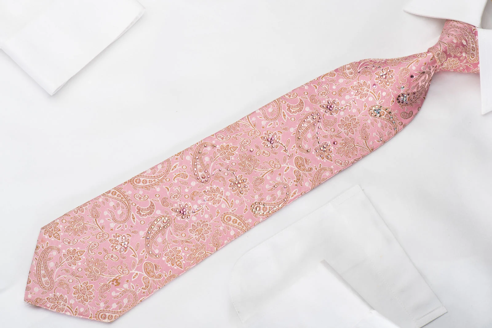 Mila Schon Rhinestone Silk Necktie Paisley Anthemion On Pink With Silver Sparkles - Image 4