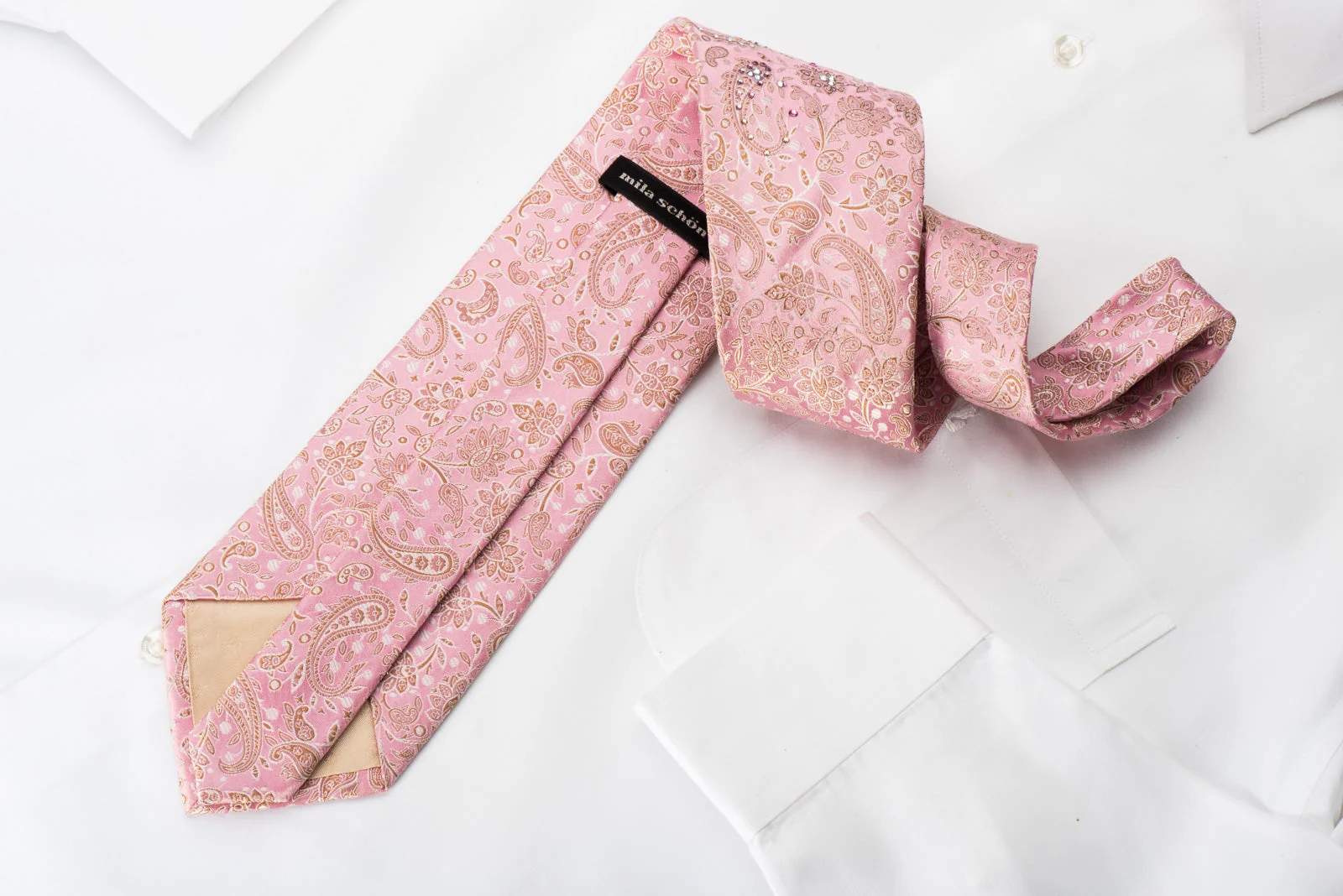 Mila Schon Rhinestone Silk Necktie Paisley Anthemion On Pink With Silver Sparkles - Image 5