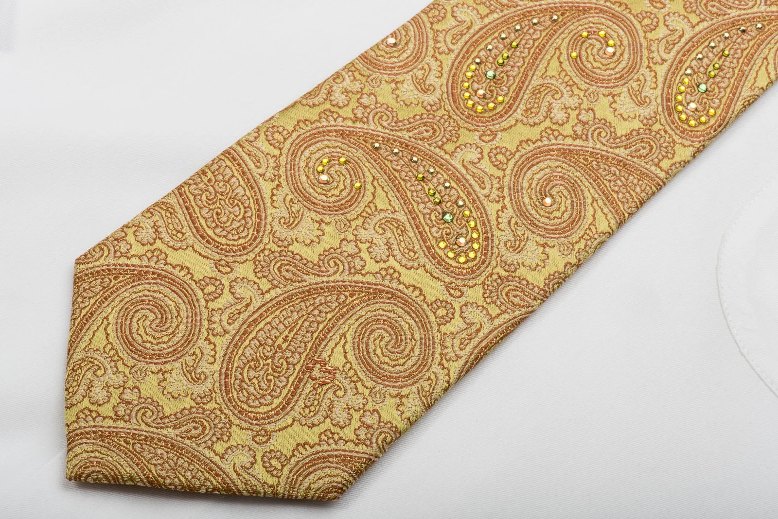 Mila Schon Rhinestone Silk Necktie Paisley On Golden Silk With Gold Sparkles - Image 3