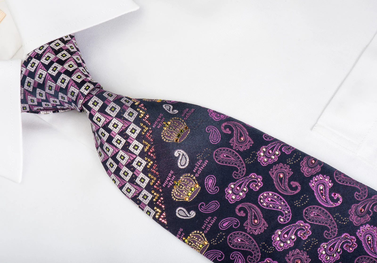 Mila Schon Rhinestone Silk Necktie Paisley On Purple With Gold Sparkles - Image 3