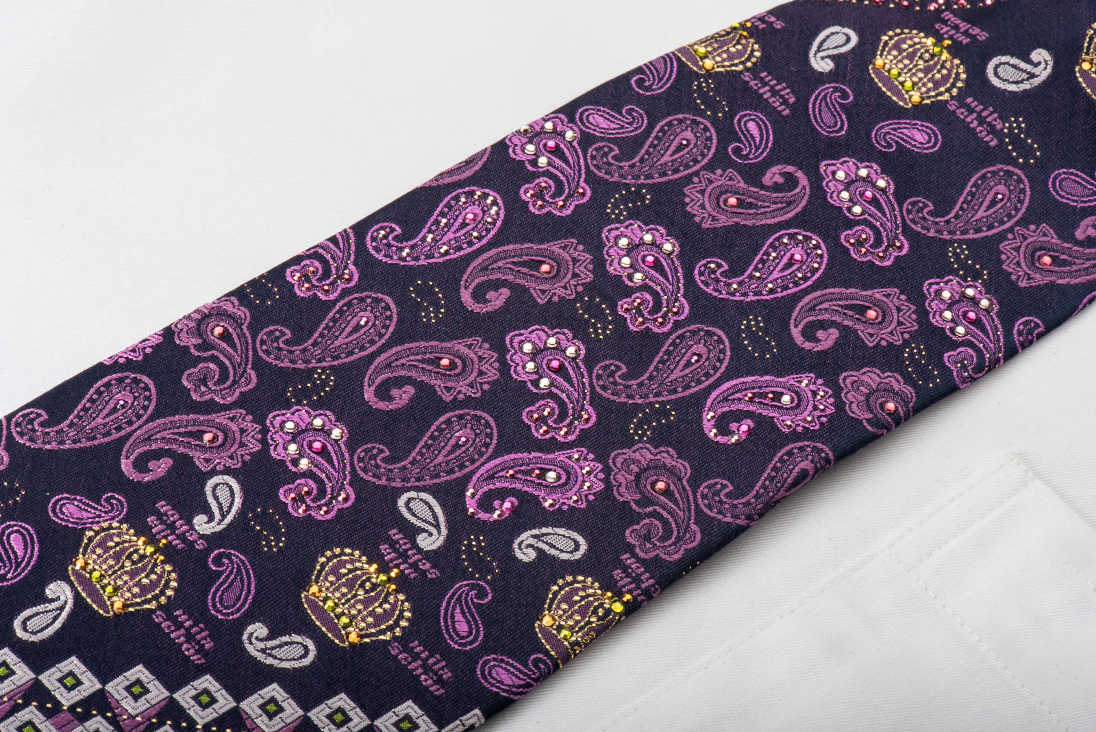 Mila Schon Rhinestone Silk Necktie Paisley On Purple With Gold Sparkles - Image 5