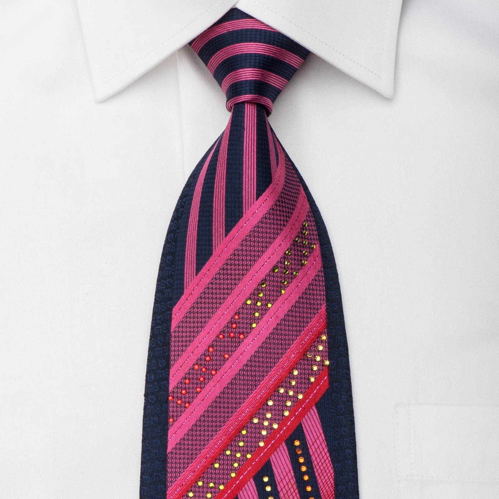 Mila Schon Rhinestone Silk Necktie Pink Red Striped On Navy With Red Sparkles