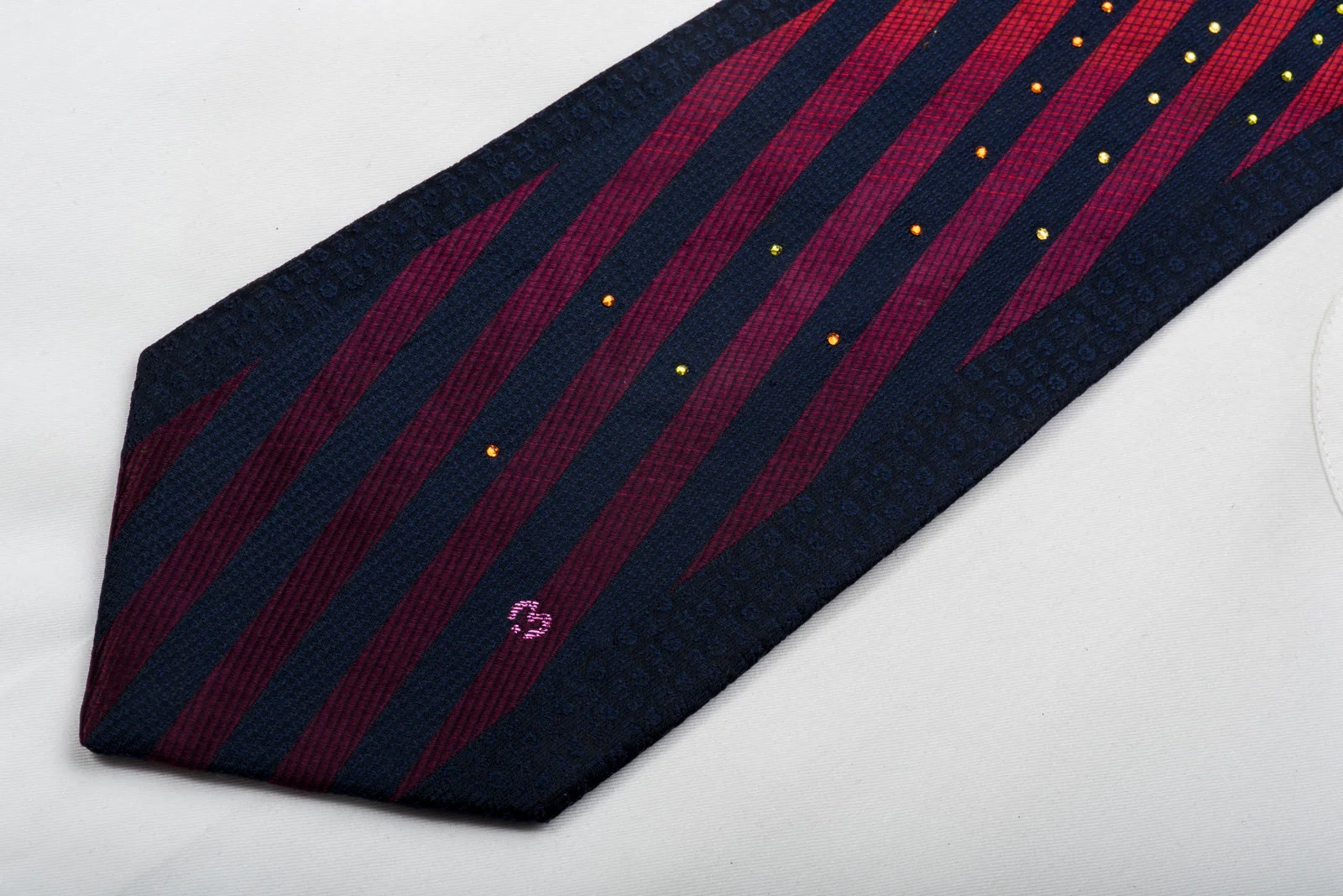 Mila Schon Rhinestone Silk Necktie Pink Red Striped On Navy With Red Sparkles - Image 2