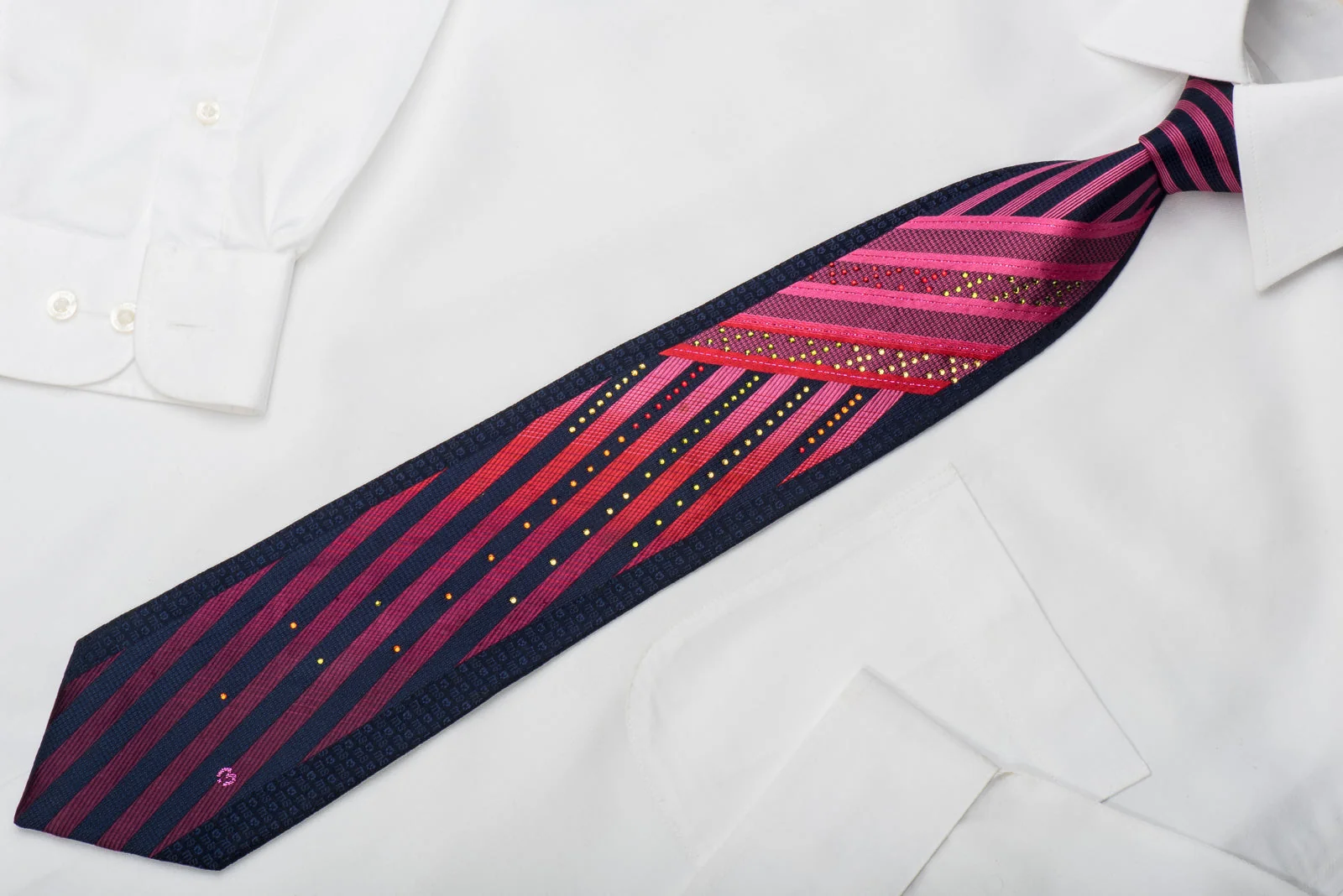 Mila Schon Rhinestone Silk Necktie Pink Red Striped On Navy With Red Sparkles - Image 4