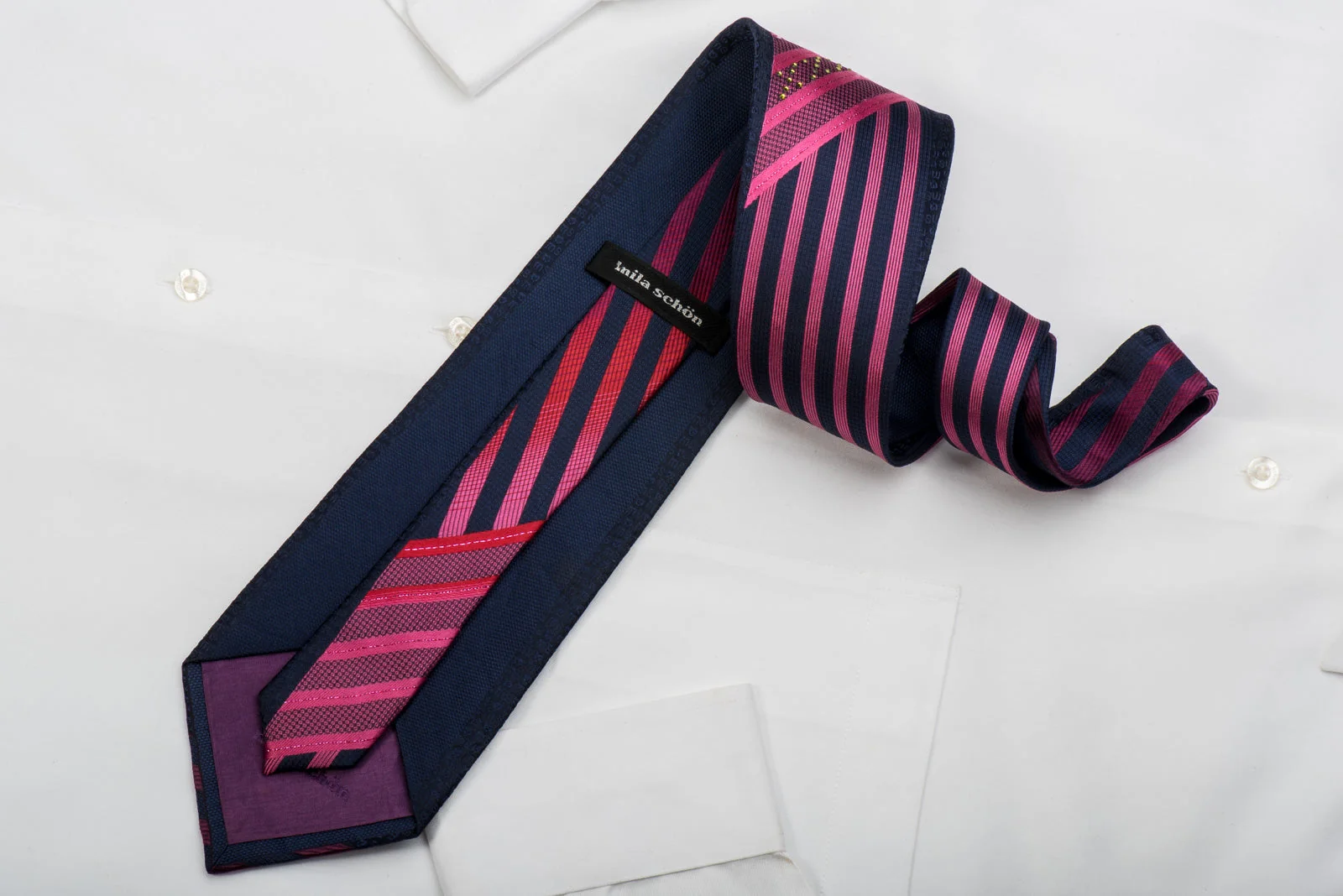 Mila Schon Rhinestone Silk Necktie Pink Red Striped On Navy With Red Sparkles - Image 6