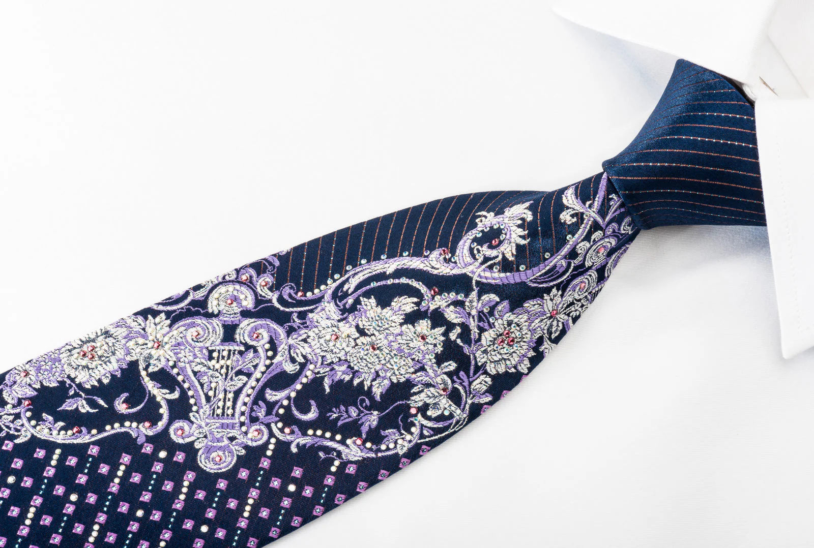 Mila Schon Rhinestone Silk Necktie Silver Baroque On Blue With Sparkles - Image 6