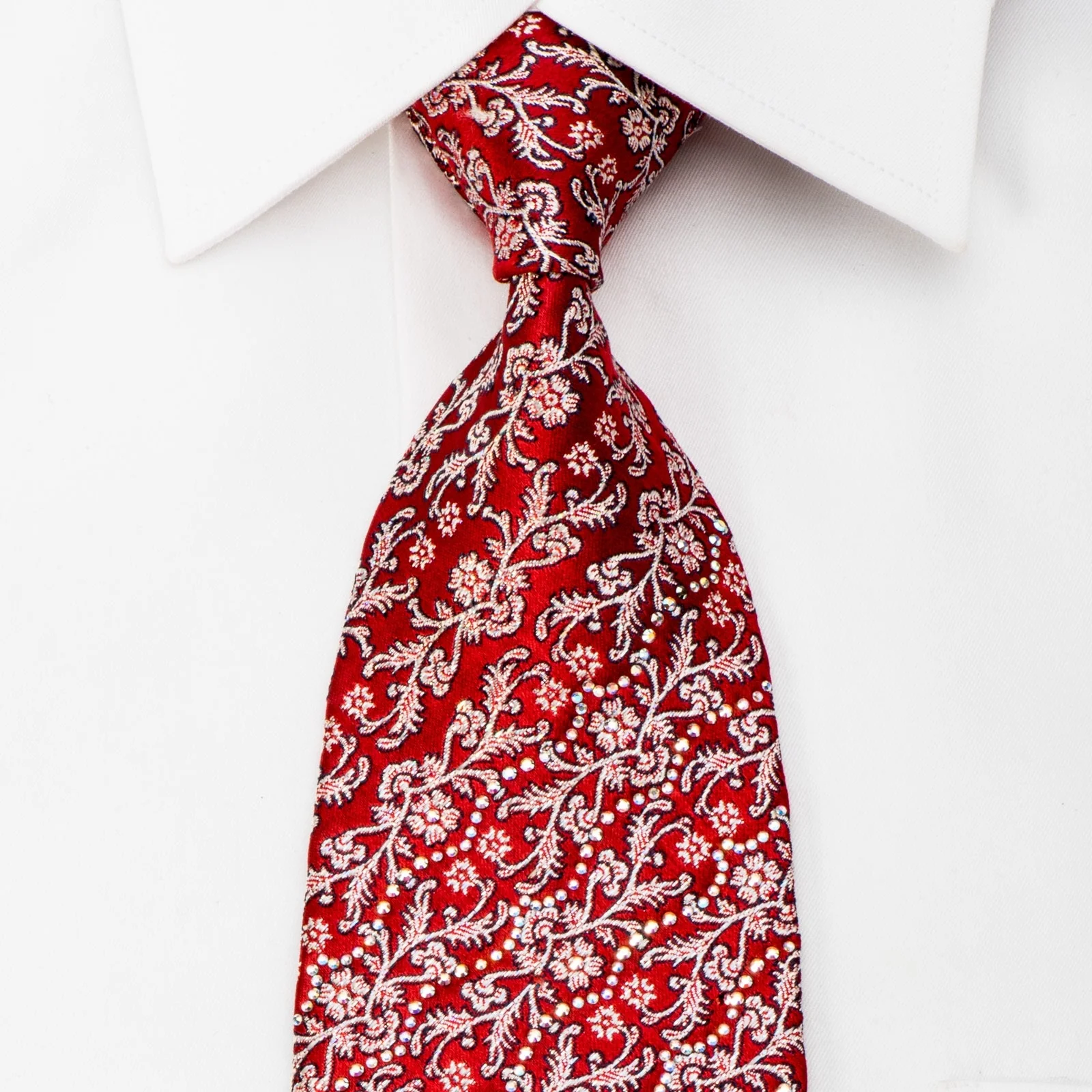 Mila Schon Rhinestone Silk Necktie Silver Floral On Red With Sparkles
