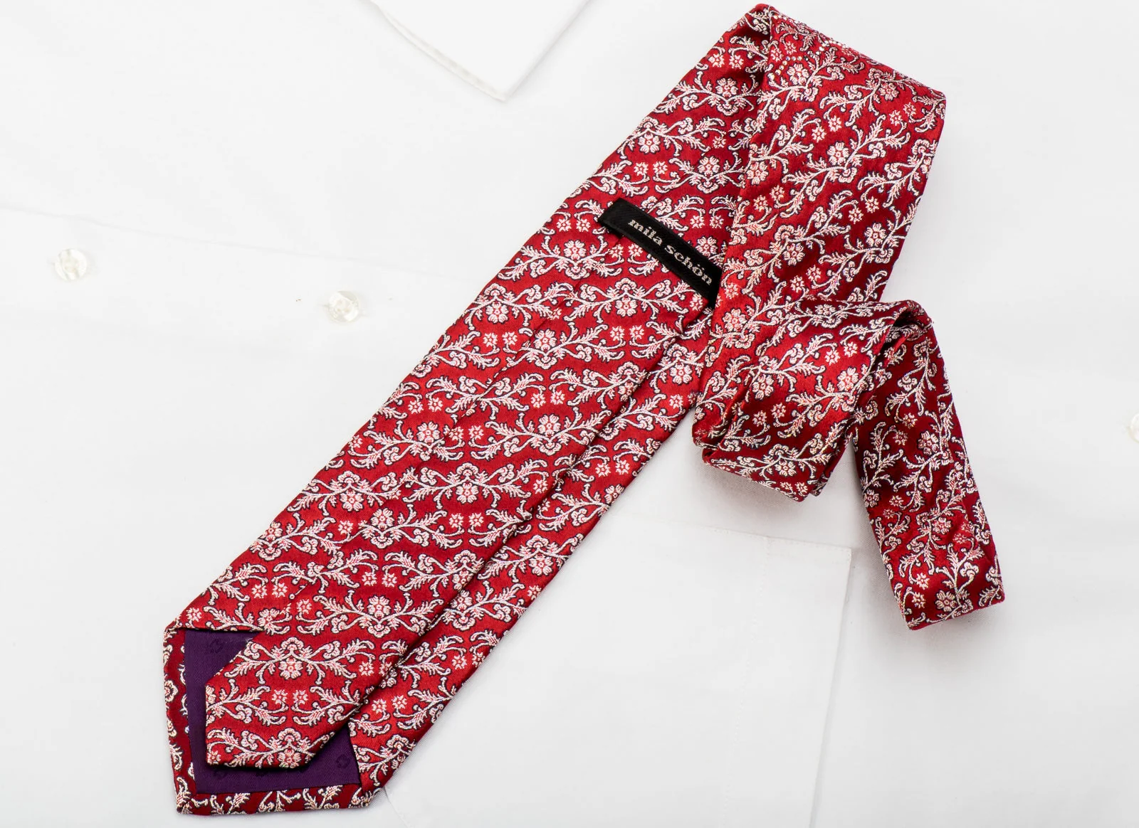 Mila Schon Rhinestone Silk Necktie Silver Floral On Red With Sparkles - Image 4