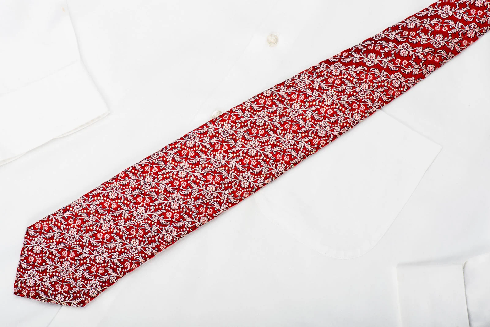 Mila Schon Rhinestone Silk Necktie Silver Floral On Red With Sparkles - Image 5