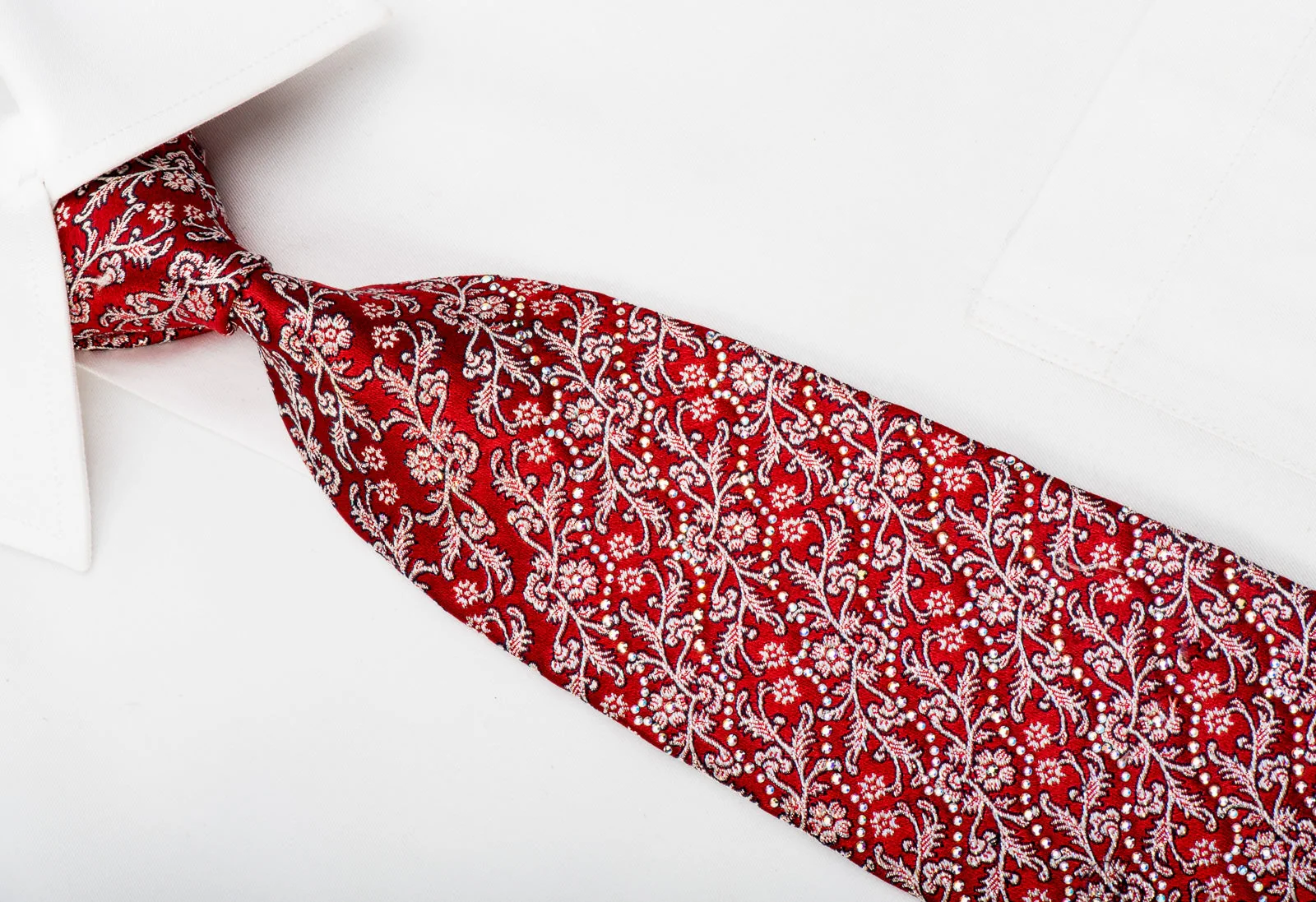 Mila Schon Rhinestone Silk Necktie Silver Floral On Red With Sparkles - Image 6