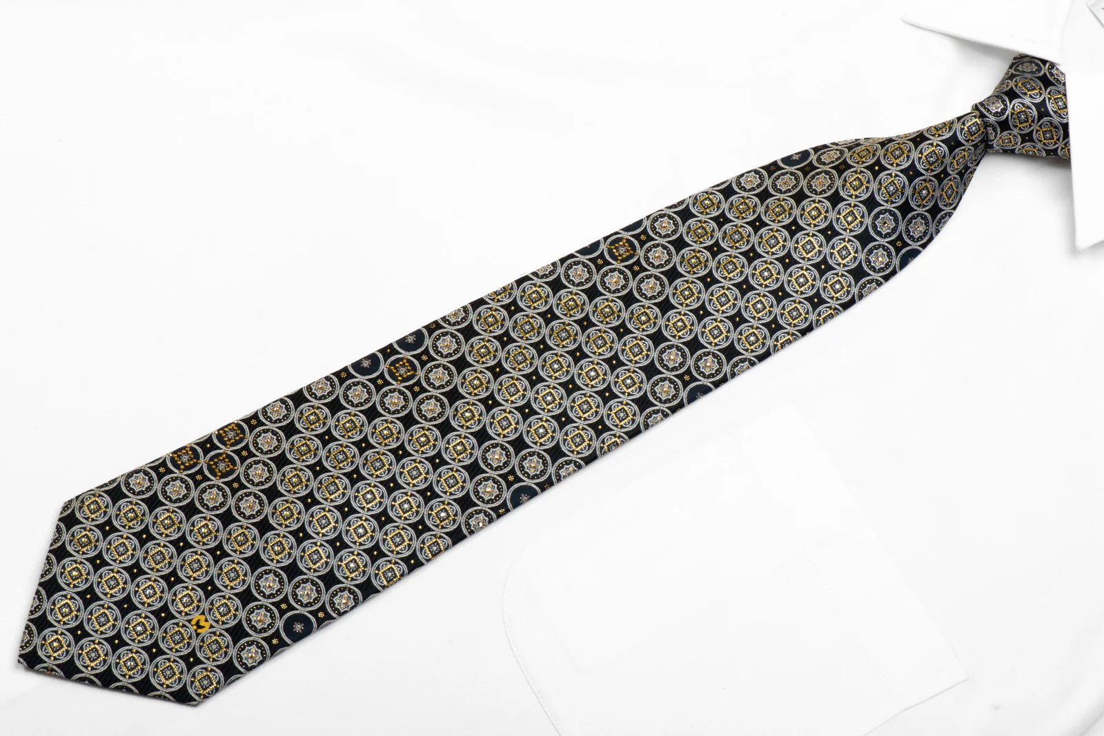 Mila Schon Rhinestone Silk Necktie Silver Gold Medallions On Black Navy - Image 3