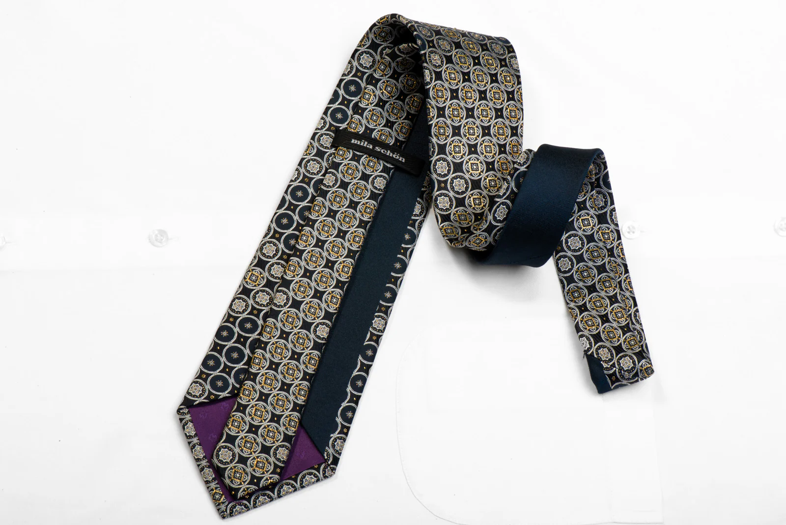 Mila Schon Rhinestone Silk Necktie Silver Gold Medallions On Black Navy - Image 4